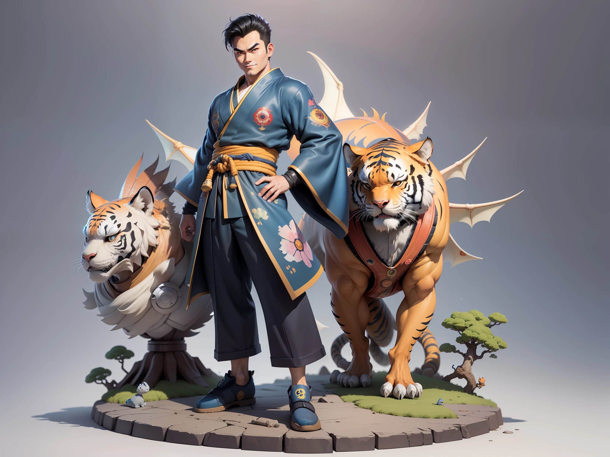 (Masterpiece), (Excellent), (Super Meticulous), (Full Body: 1.2), Super Young Man, Oriental Face, Japanese Kimono, Japanese Wind Thunder God, Dragon, Tiger, TV Anchor, Bust Portrait Illustration, Alone, Black Suit, Blue Tie, Slightly Chubby Face, Very Clean Face, No Beard, Black Super Short Hair, Black Eyes, Confident Smile, 3c Computer Sub-Products, iPad, iPhone, Digital Painting, 3D Character Design by Akira Toriyama and Mark Claireden and Pixar and Hayao Miyazaki, The illustration is a high-definition illustration in 4K resolution with very detailed facial features and cartoon-style visuals.
