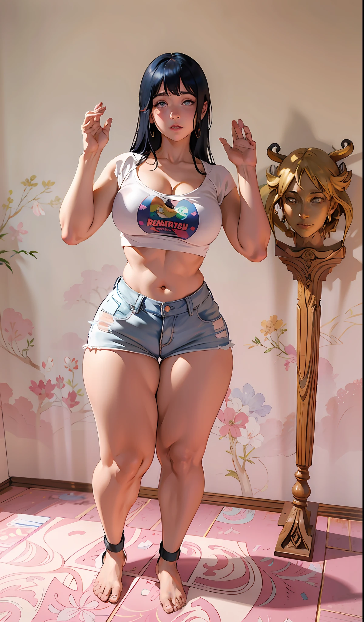 Hinata Hyuga em uma regata branca e shorts azuis posando para uma foto, thicc, corpo grosso, beautiful thick female, quadris largos, pernas grossas, coxas grossas, cintura magra e quadris grossos, ela tem uma barriga Fitness, thick thieves, pawg, bons quadris e pernas longas, quadris mais largos