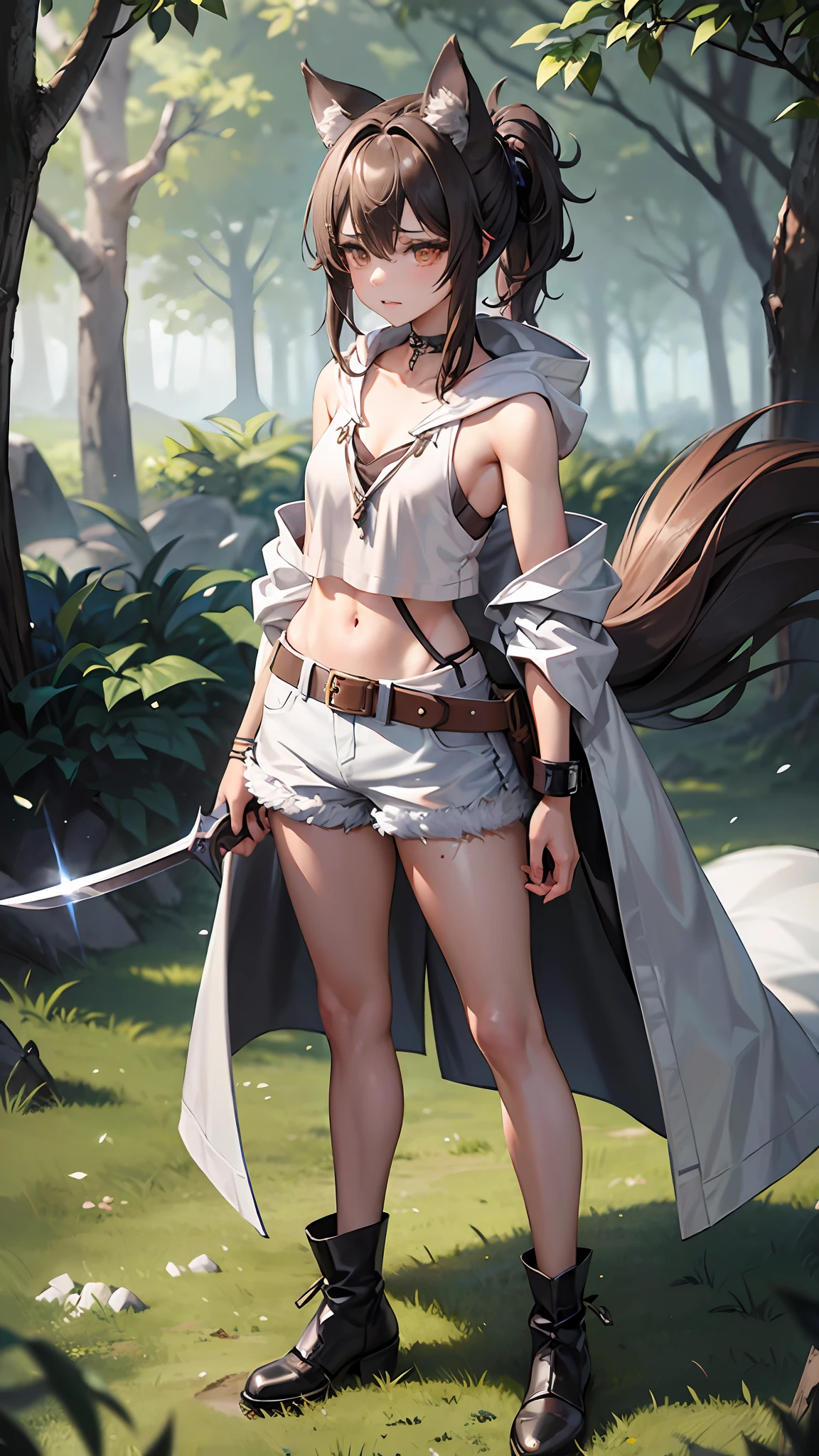 Works of masters,8K分辨率,depth of fields,Faraway view,Full body shot,Full body photo,(Exquisite facial features),s the perfect face,Glowing skin,Kizi,16 yaers old,Wolf ears,Heterochromic pupils,Hair over the shoulder,Brown hair,slanted bangs,Split ponytail,Messy hair,Wristbands,Tattered white V-neck short vest,Tattered gray hooded cloak,Open the cloak,Black hot pants,white fluff,Brown belt,leather ankle boots,Brown wolf tail,Weapon in hand,Combat posture,eventide,lawns,Natural soft light