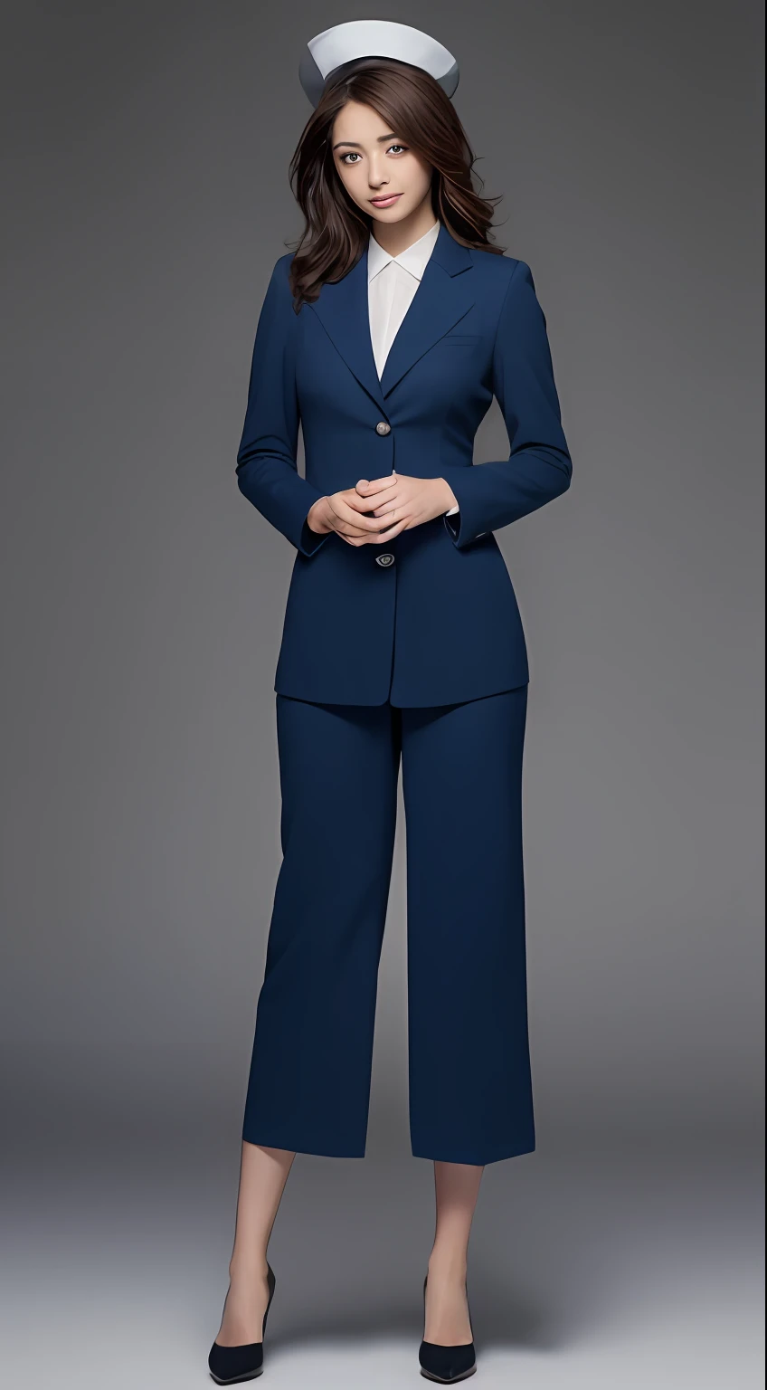 ((Realistic lighting, best qualtiy, 16k, tmasterpiece:1.3)), sharp fokus:1.2, young 17 years old，Beautiful Women with Perfect Figure:1.4, Slim abs:1.1, ((dark brown  hair)), (Blue flight attendant suit，Blue flight attendant hat:1.4）,（Plain background：1.1），Stand up，Nice looking high heels，Ultra-fine face，Fine eyes，二重まぶた, White legs，Fine hands