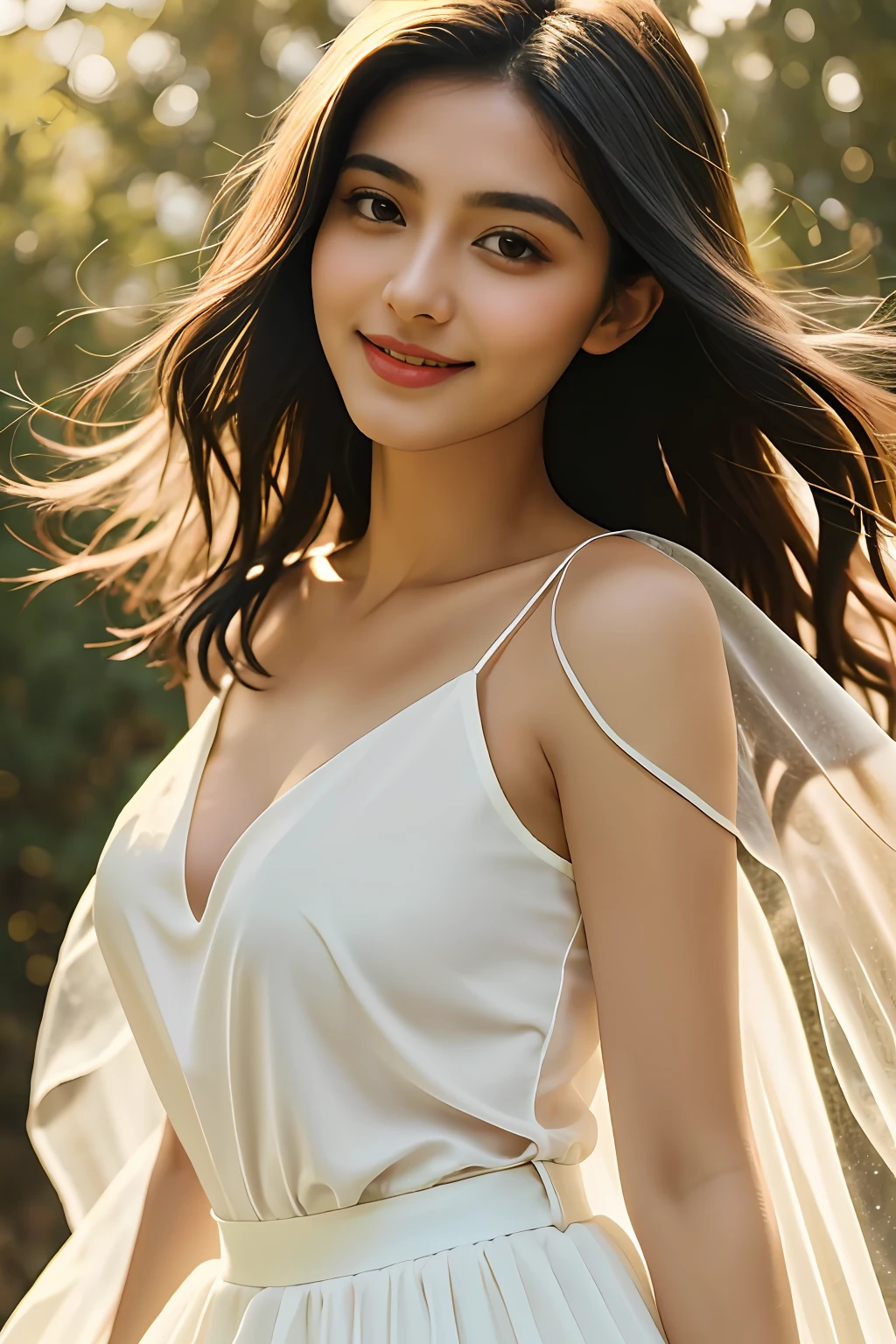 one-girl,cabelos preto e longos,Nice round eyes,ssmile,Delicate skin,The long skirt is fairy,Soft light,k hd,detail in face,Photographer's perspective,