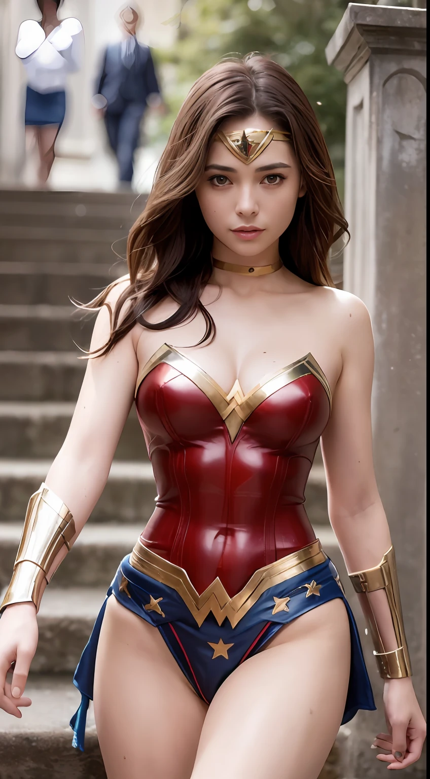 1girl, full body, style of the Wonder woman costume, medium breasts, look a viewers , smile, masterpiece, best quality, detailed skin texture, detailed cloth texture, beautiful detailed face, intricate details, ultra detailed, dynamic pose, walking on the stairs, (Best quality, A high resolution, Photorealistic, primitive, 8K,Masterpiece, ),Best quality, Masterpiec8K.hdr. High ribs:1.2, filmgrain, Blur bokeh:1.2, Lens flare, (vivd colour:1.2), (Delicate),