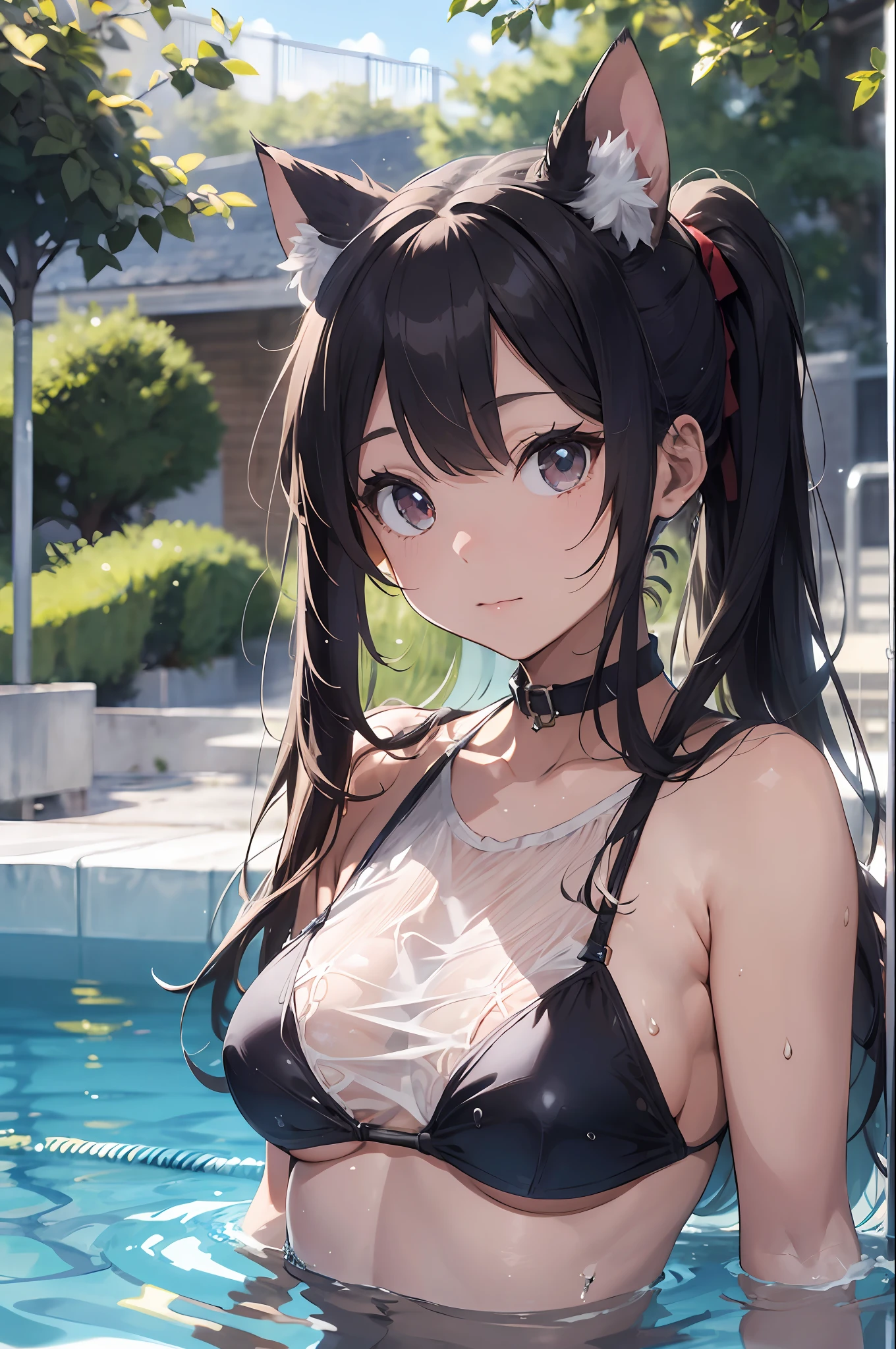 Beautiful fece, masterpiece, top-quality, hiqcgbody, animesque, 1girl in, Medium chest, The bikini, Transparent transparent black swimsuit, portrait shot, Look at viewers, Partially submerged, Outdoor pool, (silber hair),(Feline ears),poneyTail,wetted skin, intricate detailes,>,((coverd)