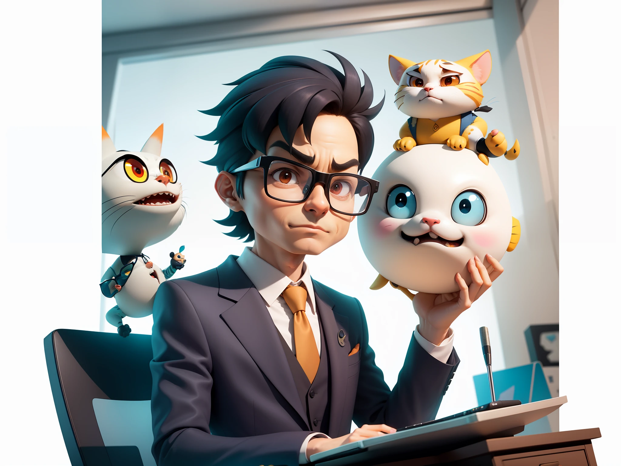 A young man in a suit, Short hair and glasses sat at his desk,holding laptop,digitial painting,tigre,3D character design by Mark Clairen and Pixar and Hayao Miyazaki and Akira Toriyama,4K HD illustration,Very detailed facial features and cartoon-style visuals。