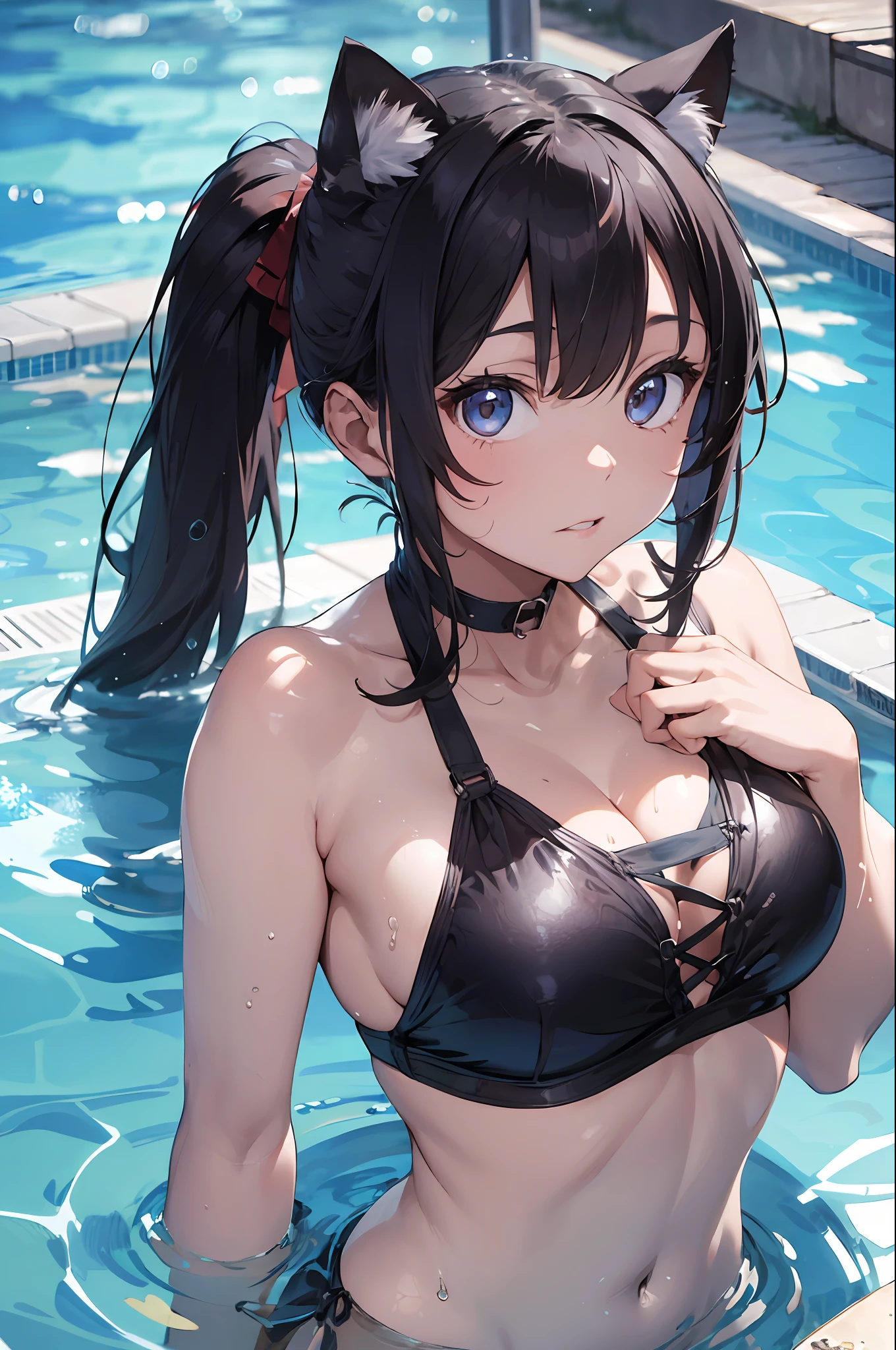 Beautiful fece, ​masterpiece, top-quality, hiqcgbody, animesque, 1girl in, Medium chest, The bikini, Transparent transparent black swimsuit, portrait shot, Look at viewers, Partially submerged, Outdoor pool, (silber hair),(Feline ears),poneyTail,wetted skin, intricate detailes,>,((coverd)
