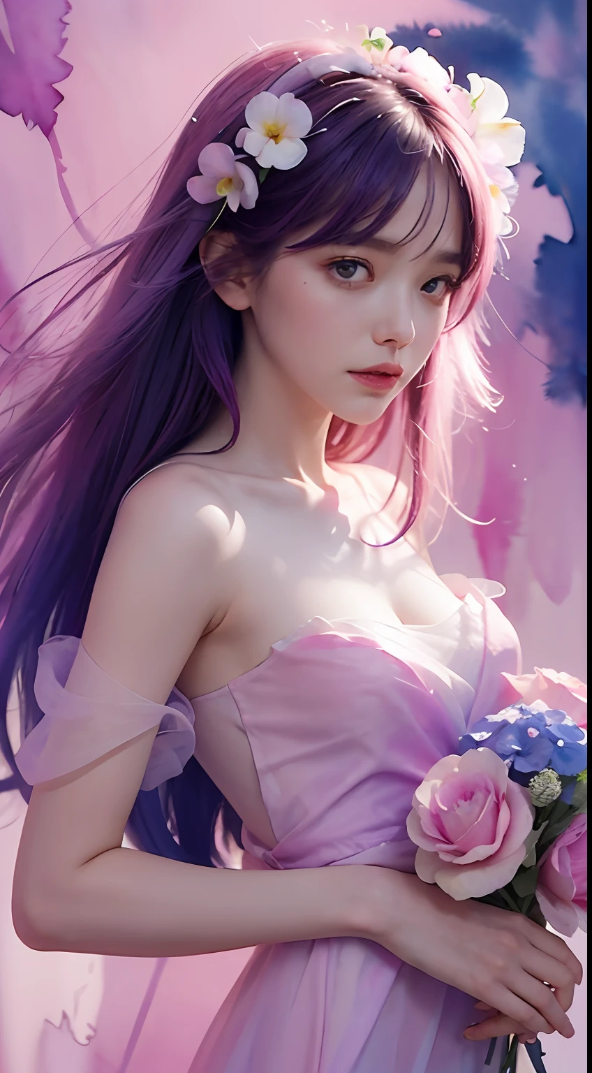 1girl,flower, Lisianthus ,in the style of light pink and light azure, dreamy and romantic compositions, pale pink, ethereal foliage, playful arrangements,fantasy, high contrast, ink strokes, explosions, over exposure, purple and red tone impression , abstract, ((watercolor painting by John Berkey and Jeremy Mann )) brush strokes, negative space,