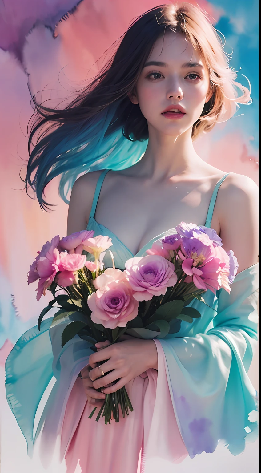 1girl,flower, Lisianthus ,in the style of light pink and light azure, dreamy and romantic compositions, pale pink, ethereal foliage, playful arrangements,fantasy, high contrast, ink strokes, explosions, over exposure, purple and red tone impression , abstract, ((watercolor painting by John Berkey and Jeremy Mann )) brush strokes, negative space,