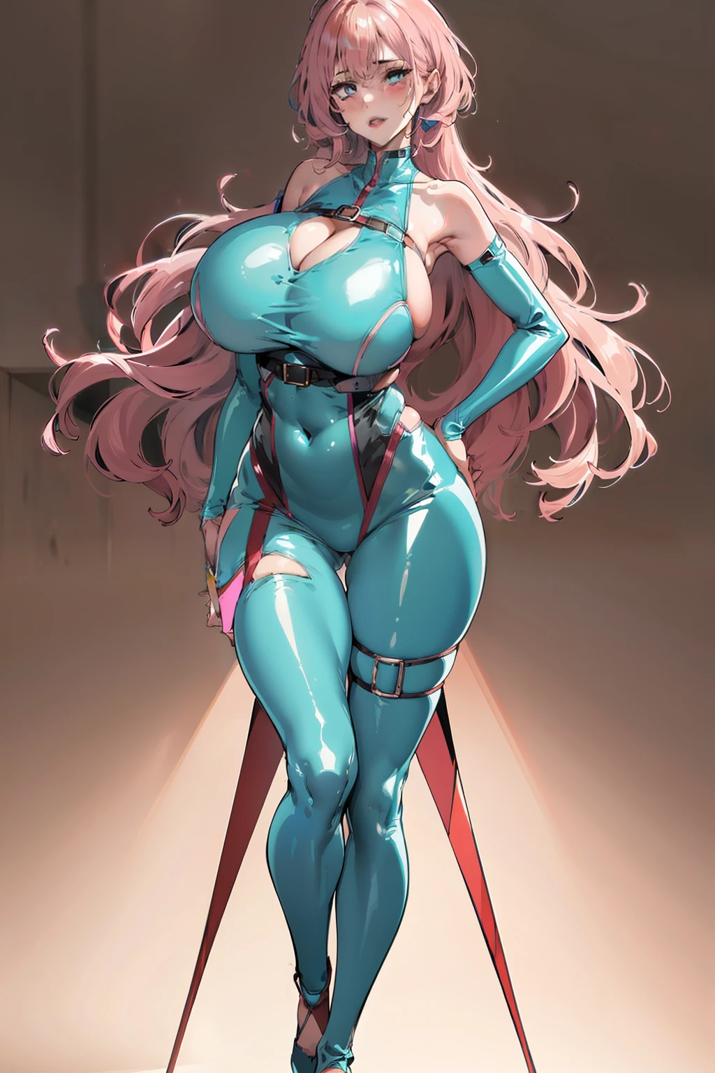 full bodyesbian,One-piece tights,Conjoinment,Blue latex set,Standing on the ground,huge tit,Slim,long leges,Stand up straight,nothing background,Slim,extra long leg,Huge breasts,A sagging breast,Pink hair,