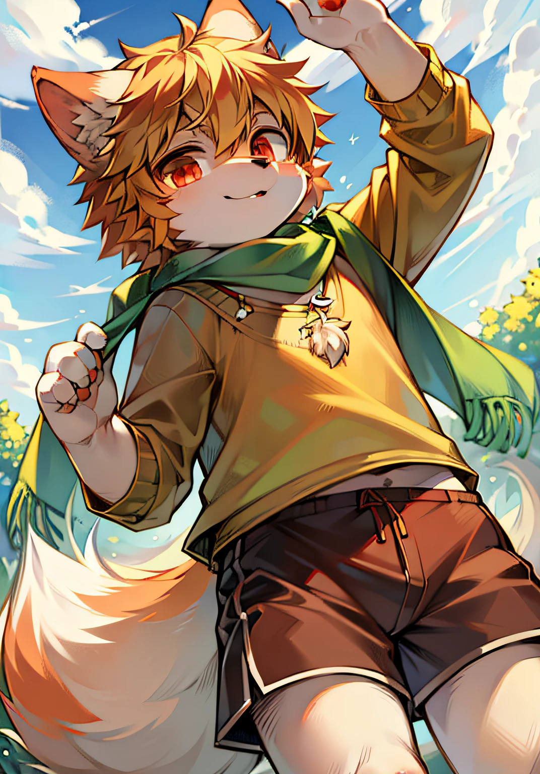 eyes with brightness, in a panoramic view, Character focus.(detailedbackground:0.7), 独奏, shaggy, shaggy male, malefocus, Full Body Furry, Fluffy tail, White fur, red color eyes, golden hair, canid,Canine ears,Solitary child boy,Yellow shirt,grey shorts,green scarf,spheres,trpical garden,clouds,daysies,Skysky,suns,Summer daysies,High-quality portraits,Super cute face