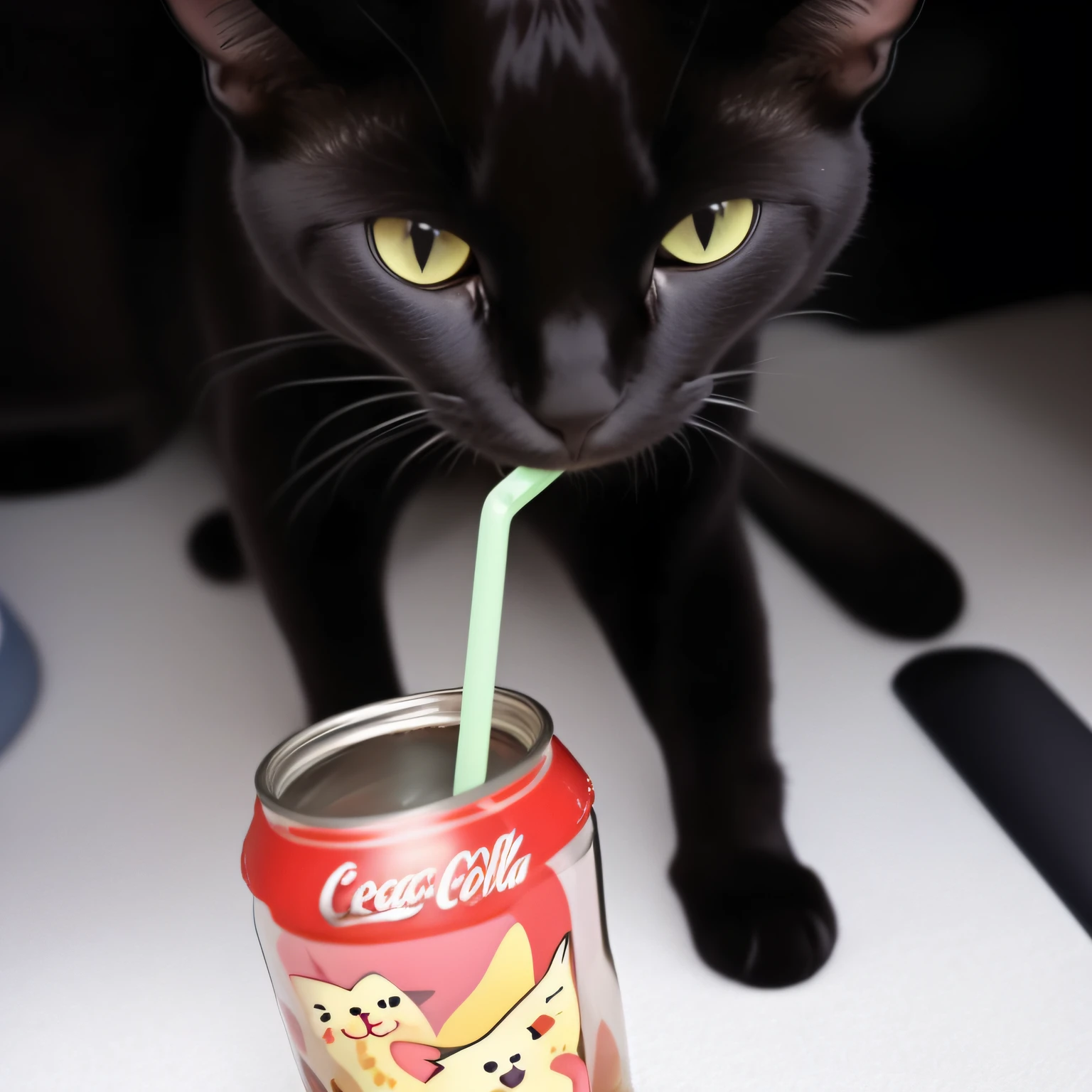 The black cat drinks milk from a jar with a straw，The straw is in its mouth，The thirsty cat drank happily，Lots of cute cartoon snacks and a bottle of Coca-Cola around。