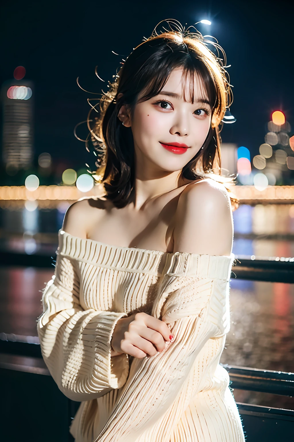 best quality ,masterpiece,ultra high res,(photo realistic:1.4), 1 girl, looking at viewer, Wearing oversized off-shoulder knit over lingerie, korean famous actress, very beautiful,kawaii, Cinematic, 35mm lens, f/ 1. 8, accent lighting, 8k, with Tokyo tower