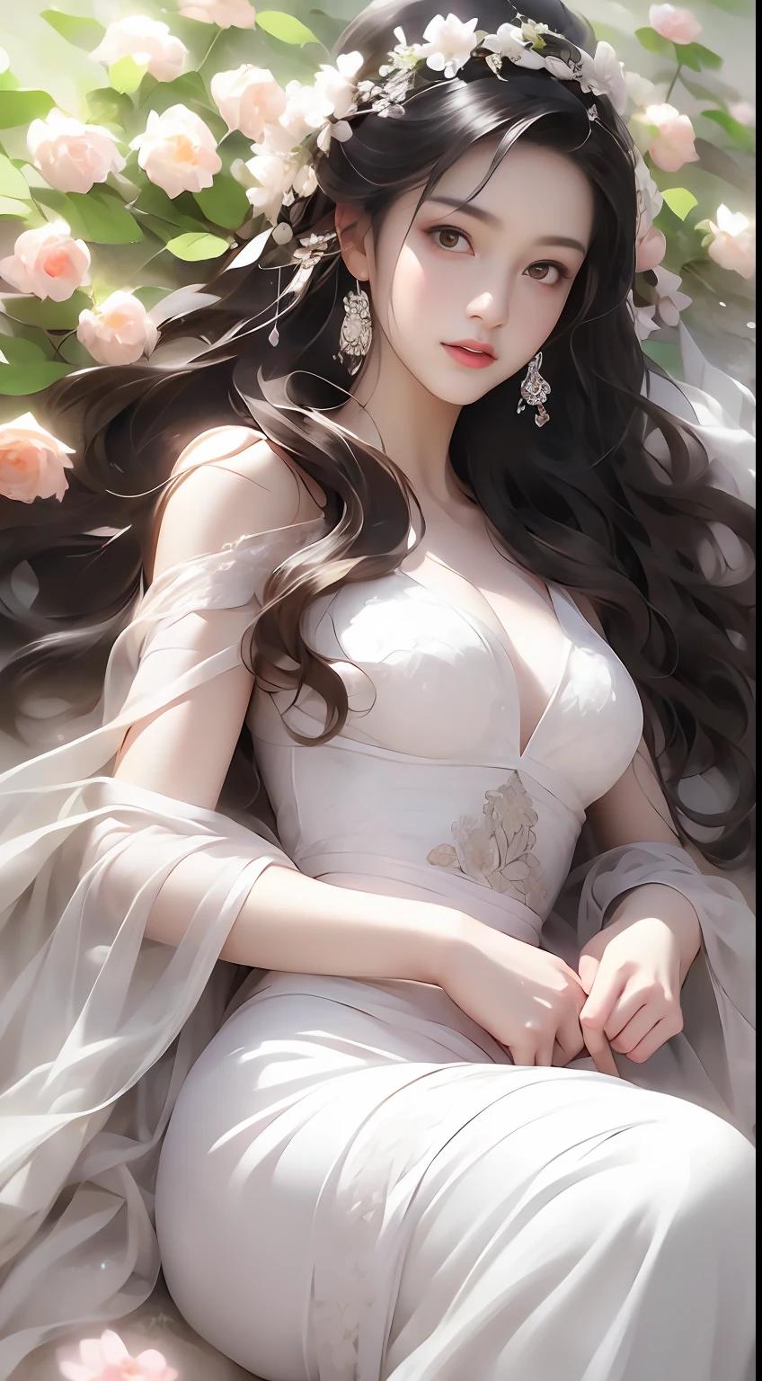 1 girl, full body photo, black hair, flowing hair, hazy beauty, extremely beautiful facial features, white embroidered dress, hairpins on her head, lying in a flower bush, hand dragging chin, perfect hand, white flower, (spring, rainy day, terraces, mountains), simple vector art, contemporary Chinese art, soft light, entangled scarf, overlook