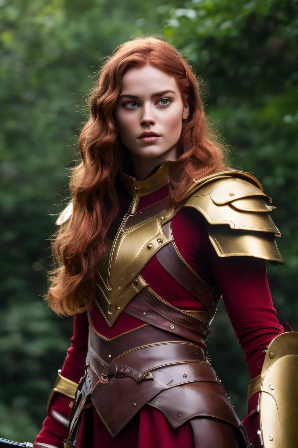 model of a very handsome red-haired man, his eyes are violet and his face is attractive, well-defined body, brown skin In 4k, standing, Light, red clothing and gold costume Roman warrior extremely detailed natural ruby, dark peach skin, hair redheads, realistic photo, High quality photo, highest resolution, sharp focus, extremely detailed, Cinematic lighting, 8k UHD, -imagine