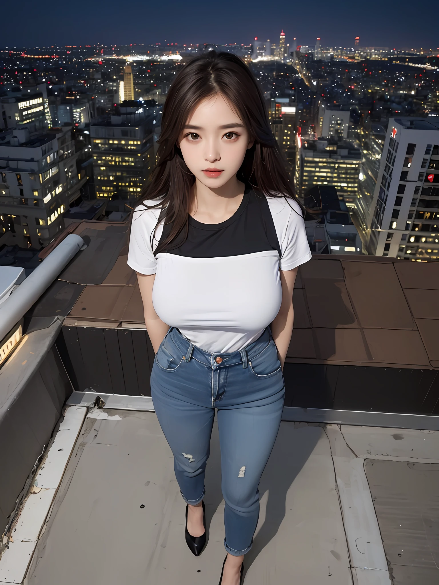 ((Midnight, Best quality, 8k, Masterpiece :1.3)), Whole body, Long legs, Sharp focus :1.2, A pretty woman with perfect figure :1.4, Slender abs :1.1, ((Dark brown hair, Big breasts :1.2)), (White tight tshirt, Jean bib, Standing:1.2), ((Night city view, Rooftop:1.3)), Highly detailed face and skin texture, Detailed eyes, Double eyelid