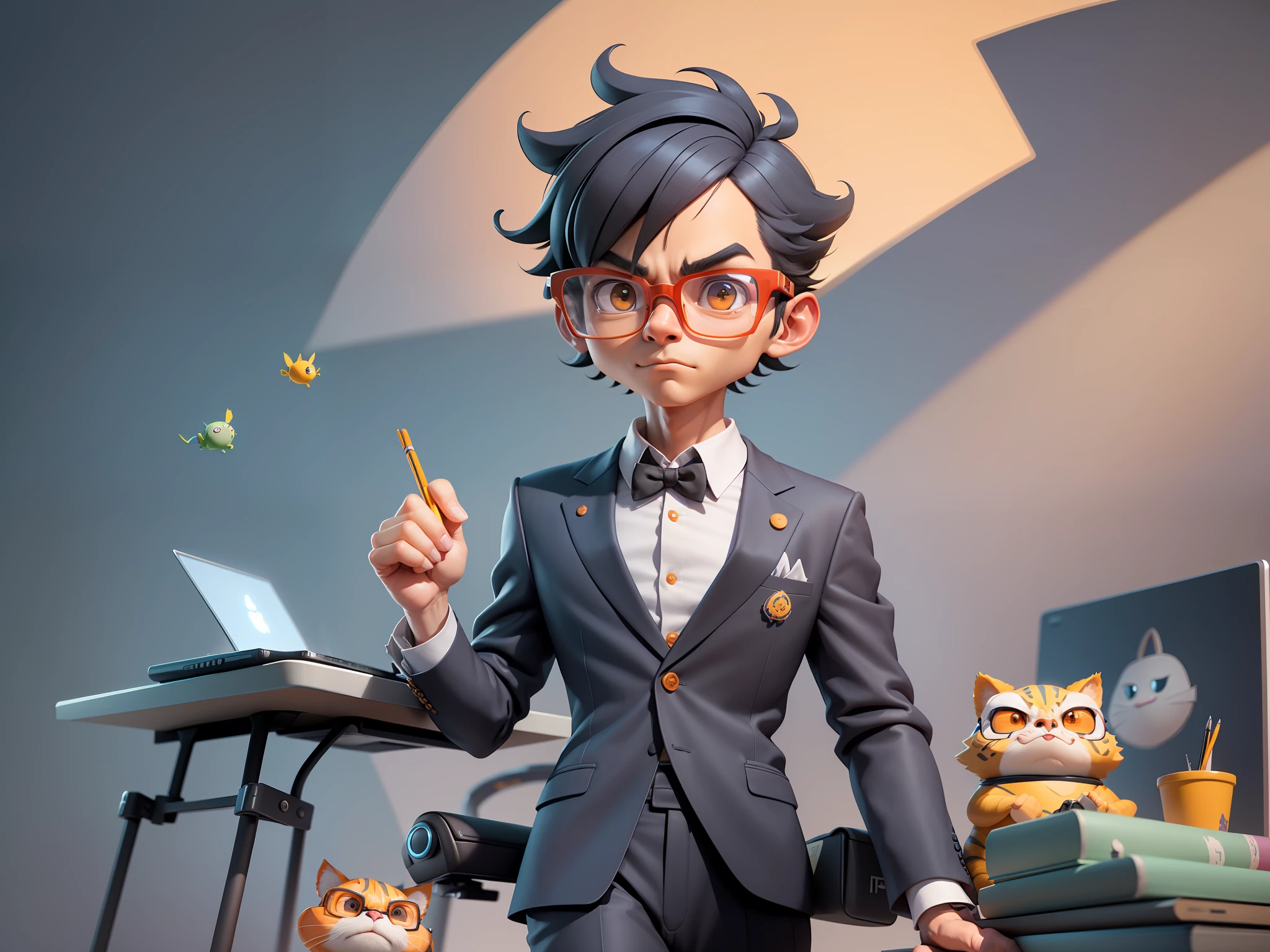A young man in a suit, Short hair and glasses sat at his desk,holding laptop,digitial painting,tigre,3D character design by Mark Clairen and Pixar and Hayao Miyazaki and Akira Toriyama,4K HD illustration,Very detailed facial features and cartoon-style visuals。