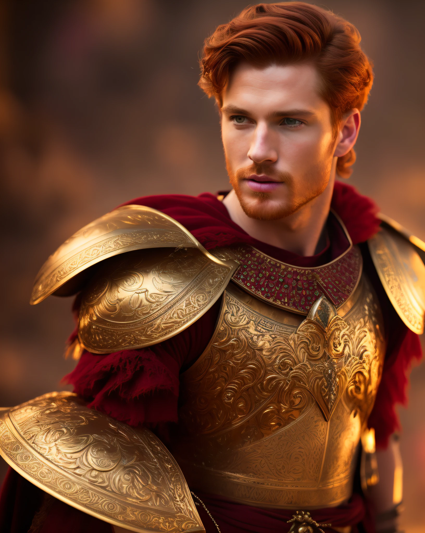 model of a very handsome red-haired man, his eyes are violet and his face is attractive, well-defined body, brown skin In 4k, standing, Light, red clothing and gold costume Roman warrior extremely detailed natural ruby, dark peach skin, hair redheads, realistic photo, High quality photo, highest resolution, sharp focus, extremely detailed, Cinematic lighting, 8k UHD, -imagine