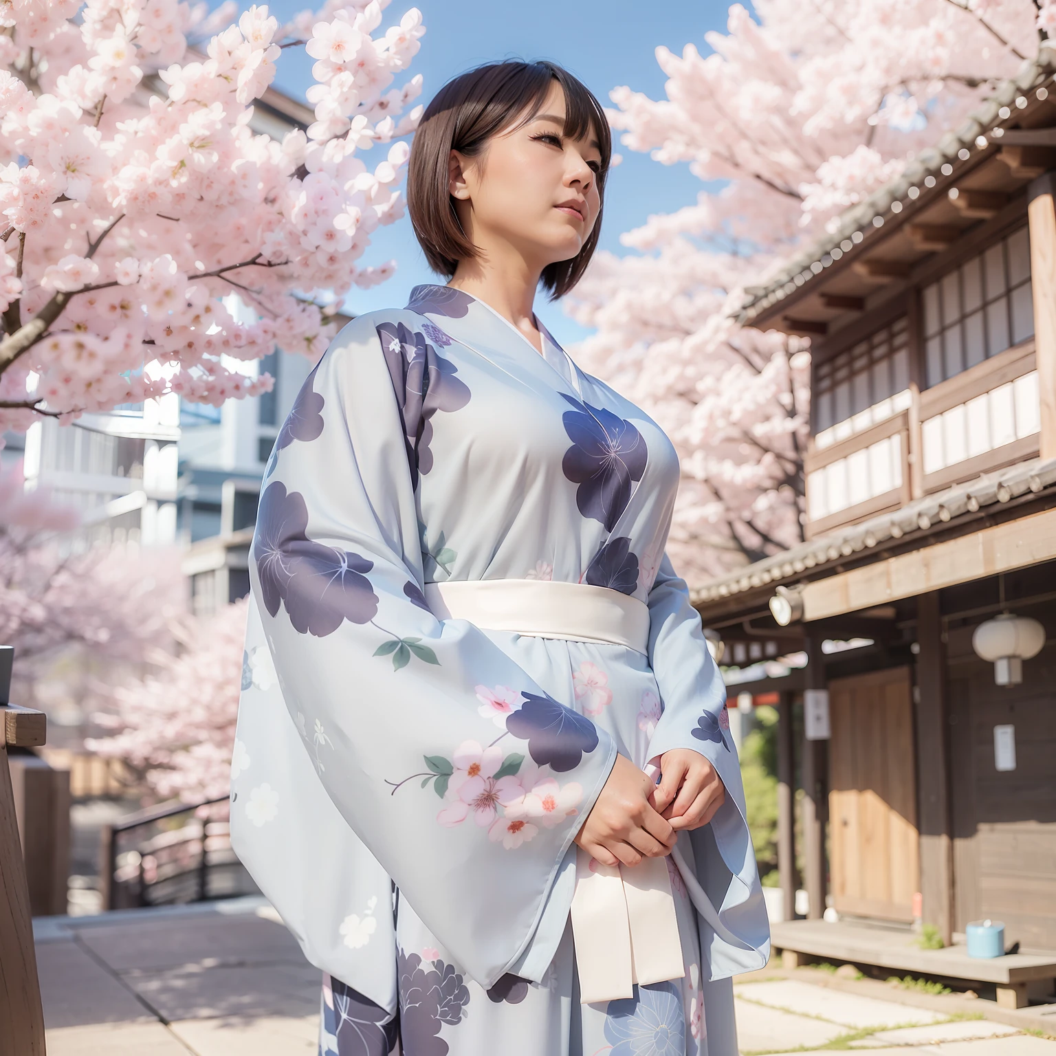 Woman in kimono standing in front of tree with pink flowers, bathrobe, classy yukata clothing, in a kimono, flowing sakura silk, sakura season, wearing a haori, Wearing kimono, sakura season dynamic lighting, japanese kimono, Wearing a kimono, A Japanese Lady, elegant japanese woman, in a kimono, Kimono, flowing sakura-colored silk