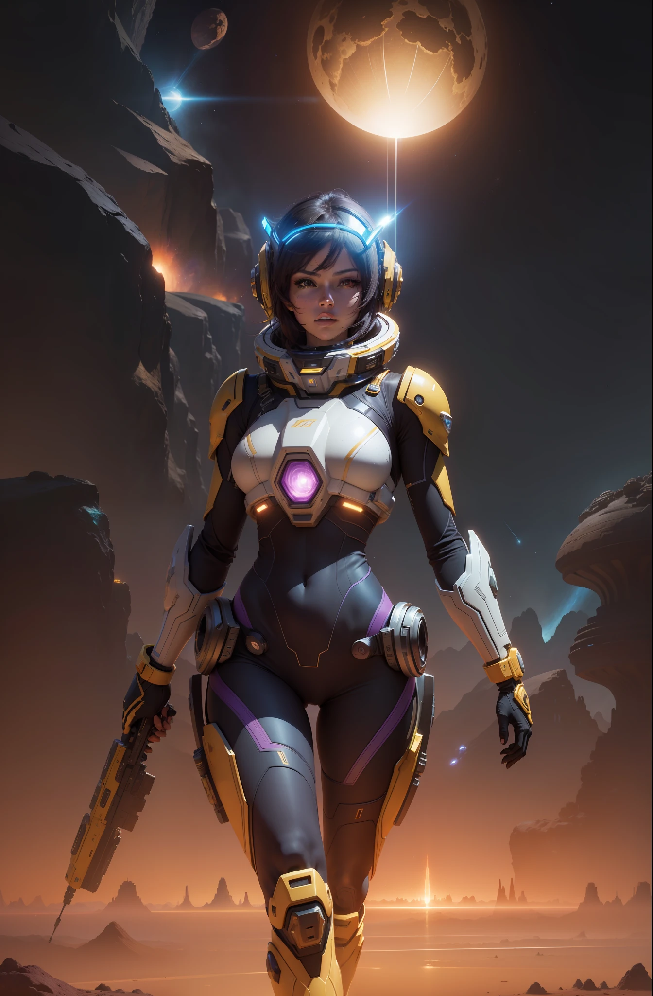 a vibrant cinematic full body photo of a female adventure in the jungle, octane render, high quality ultra future blue an gold space combat visor up, alien planet background an extreme long shot of an armored female space and planet explorer in an open and large terrain, open terrain of an arid alien world with Saturn like planets visible in the night sky, sci-fi planet-scapes as far as the eye can see satellites spaceships and shooting stars, alien mega city in the distance with spiral buildings reaching to the sky, hyperdetailed photorealistic 24k resolution in the style of Ray Bradberry, orange pink inky black and purple color scheme.