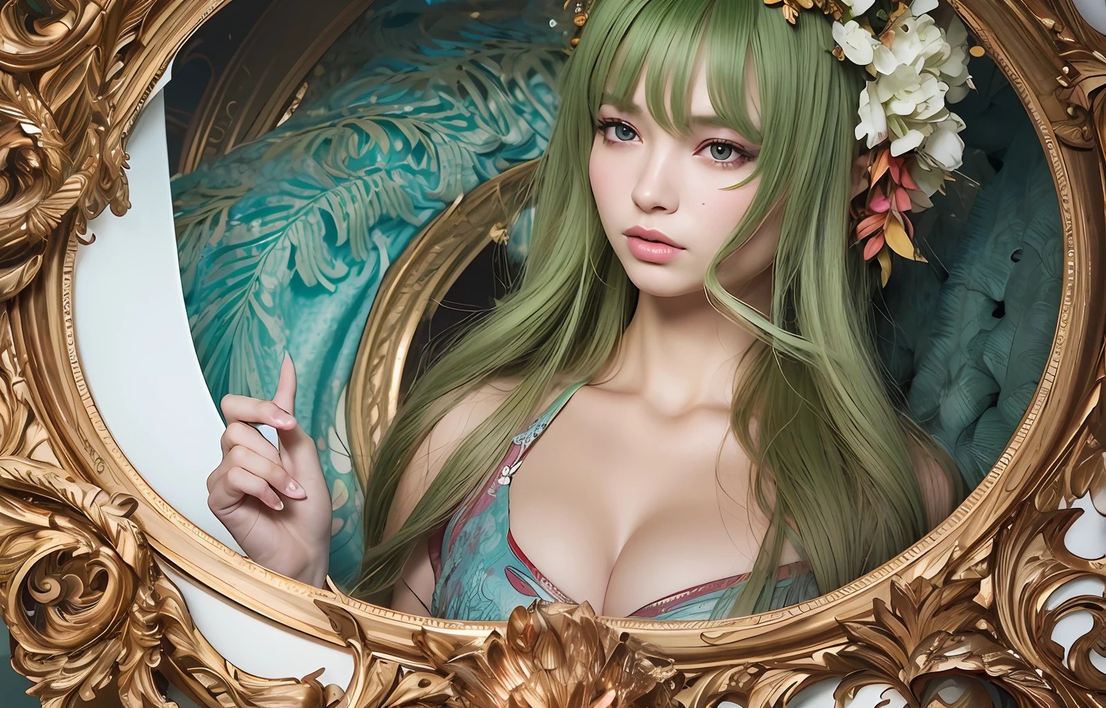 Beautiful colorful highly detailed incredibly ornately decorated green man as horse face 3D sculpture by Walter Crane and William Morris, closeup cleavage, twisting leaves, Small, flowing lines, Abstract psychedelic, 8 k'', art stations, Overwhelmingly beautiful eagle framed with vector flowers, Sparkling wavy long hair, Polished, Ultra-detailed vector floral illustration mixed with surrealism, muted pastel colors, Vector floral details in background, pastel colour, Ultra-detailed, ultra-complex, overwhelming realism in scenes with complex details with a magical fantasy atmosphere, no signature, No watermark