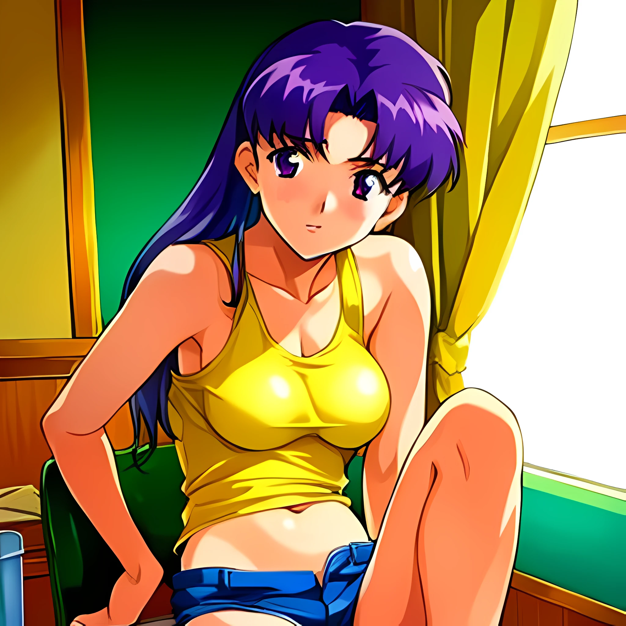 (1girl:1.3), katsuragi_misato wearing a yellow tank top, wearing micro shorts, posing for a picture in an apartment, medium_tits, purple hair, (analogue quality:0.6), (film grain:0.8)