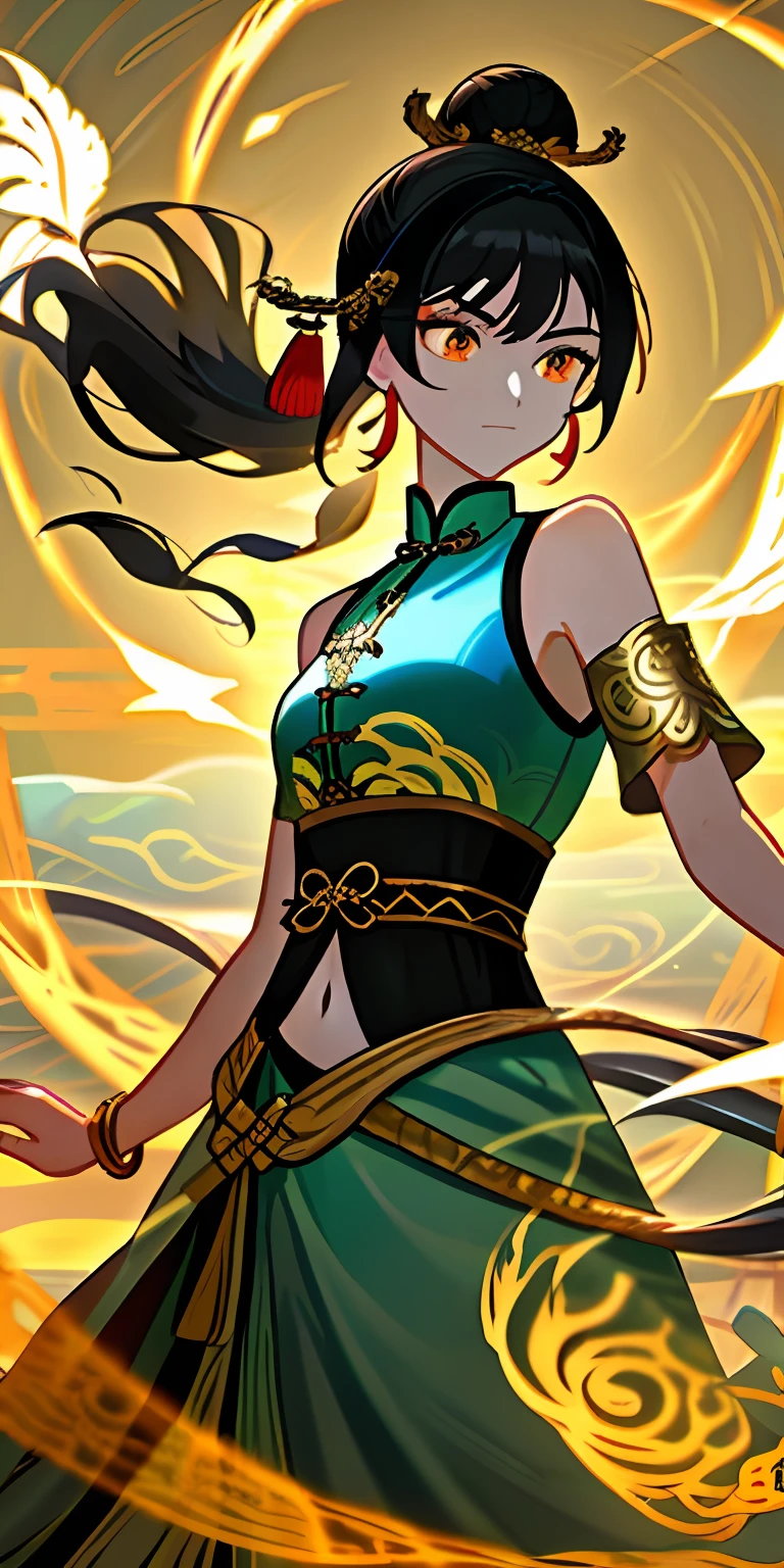 An ancient Chinese beauty，The expression is indifferent，Golden eyes dance，The ornate costume is white embroidered with intricate embroidery，A long transparent colored streamer is tied around the arm，flowy，Open navel，cropped shoulders，Bare neck，Yingluo，Black ponytail bun hairpin hairband，The armband is tied with a streamer，Bracelet，Anklets，A metal chain tassel is tied around the waist，Mogao Cave Art，Inspiration for the Dunhuang flying mural，water ink，CGstation is popular --v 6