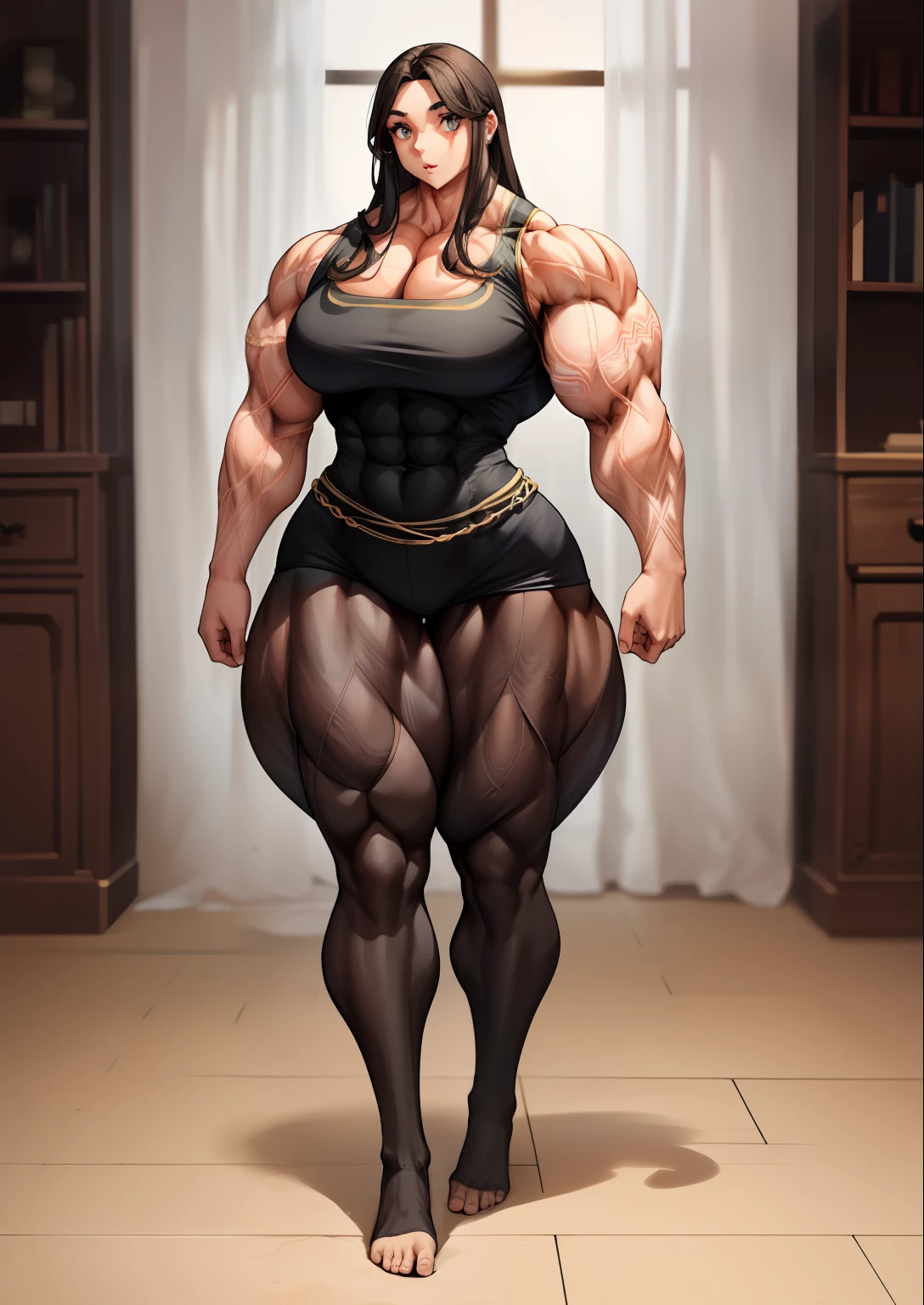 tmasterpiece,finely detailled,Burly woman,Toned muscles,blackstockings, Full body like,You can see the feet from the head, Beautiful and charming European female face, Single female,Very fair skin,Thin waist,Very broad shoulders, Strong and powerful arms,thick calf,Very long legs,looking toward the viewer