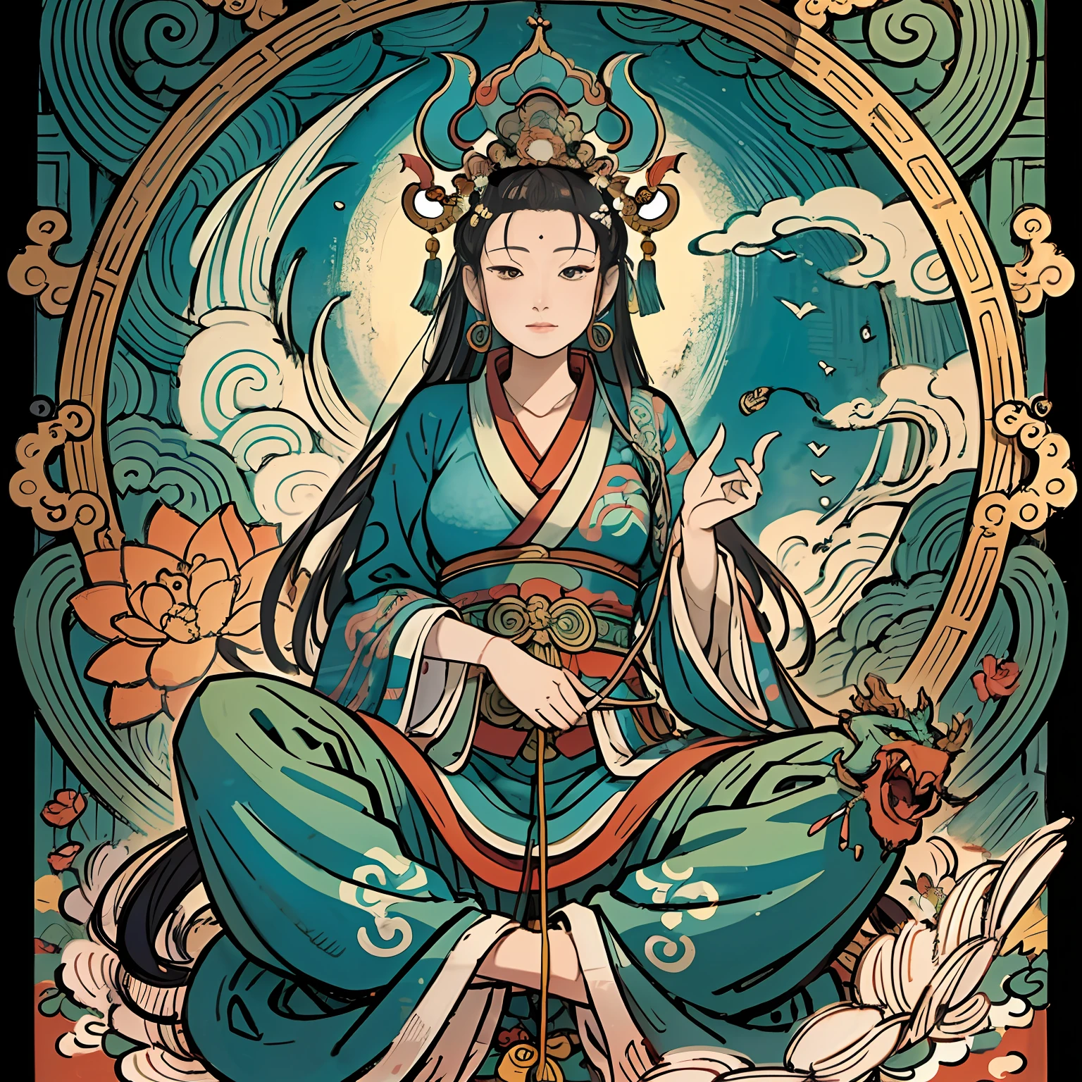 an ancient Chinese goddess, guanyin of the southern seas, Guanyin, Inspired by India, Avalokiteshvara rides a dragon,,Serene expression,shui mo hua,Buddha,Buddhist,Lotus,Chinese painting style,Thangka style