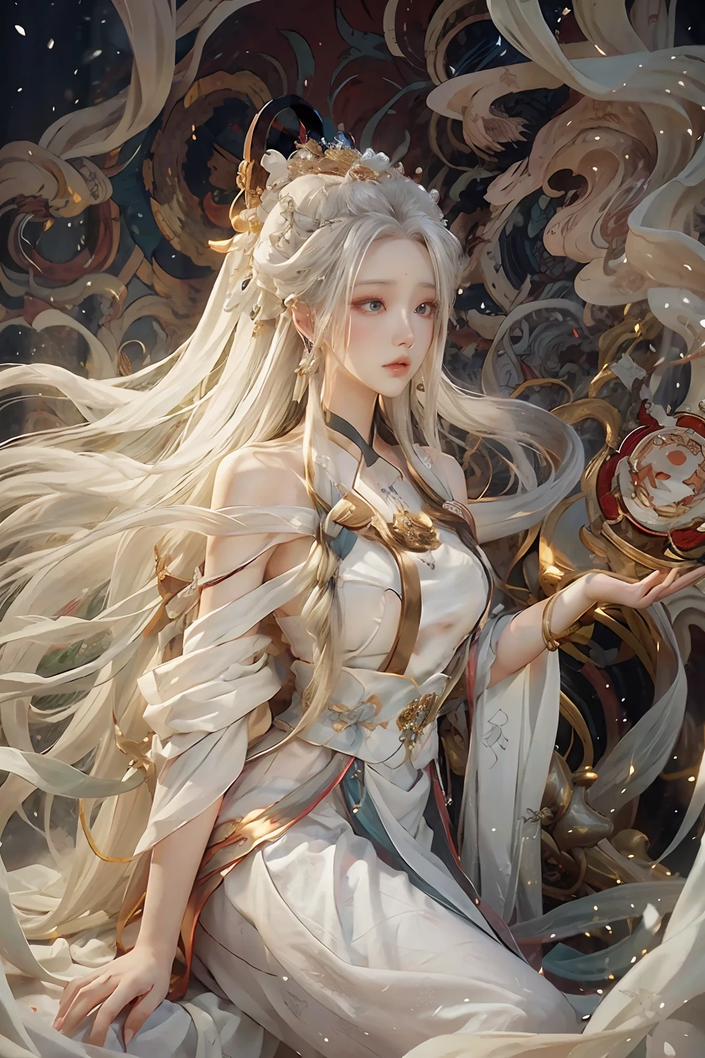 a close up of a woman with long hair and a white dress, white haired deity, beautiful character painting, flowing hair and long robes, by Yang J, with white long hair, with long white hair, guweiz, artwork in the style of guweiz, the piercing stare of yuki onna, anime character, by Zeng Jing