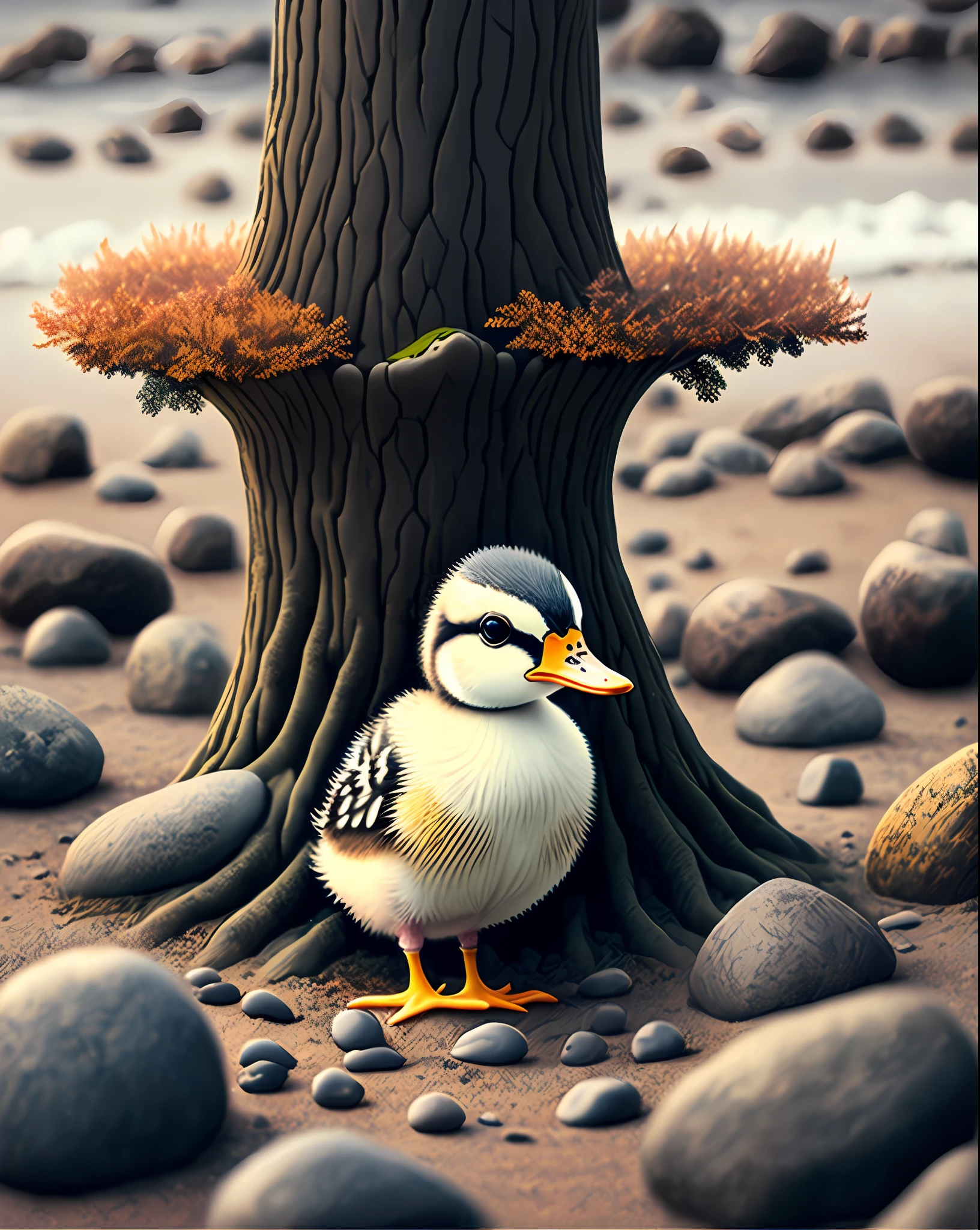 There is a gray duckling, shrunk from the cold, on a tree foot in the middle of the stones, estacak winter