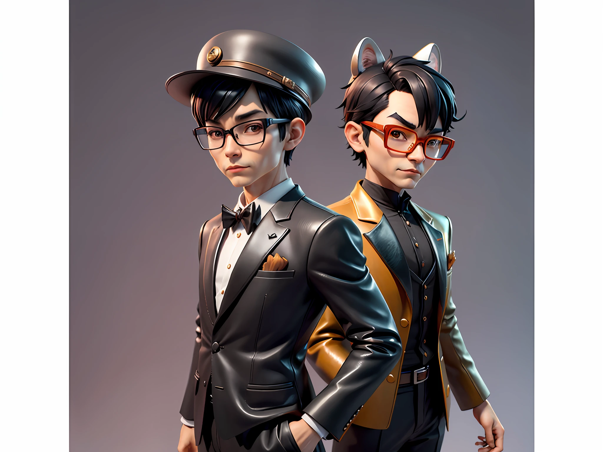 Young man with oriental face in leather hat, tiger, oriental face in formal suit, short black hair, silver glasses, digital painting, 3D character design by Mark Clairedon and Pixar and Hayao Miyazaki and Akira Toriyama, the illustration is a high-definition illustration in 4K resolution with very detailed facial features and cartoon-style visuals.