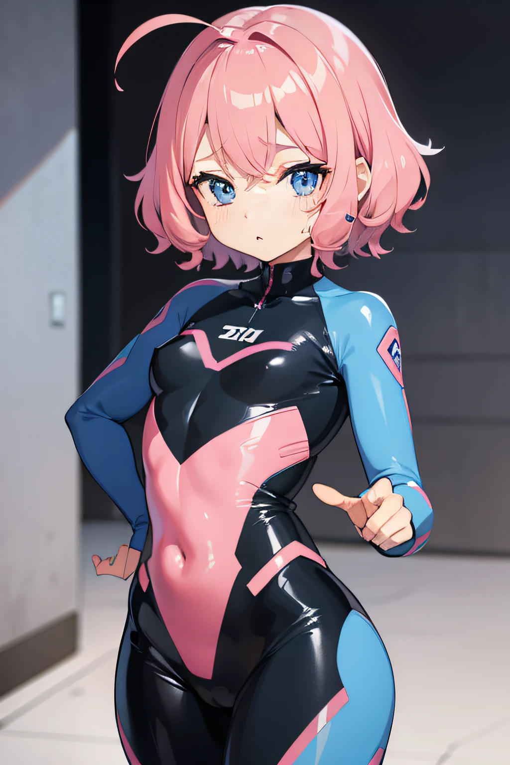 Pink and blue color scheme、Ultra-thin rubber suit 、tiny body、Short curly hair、