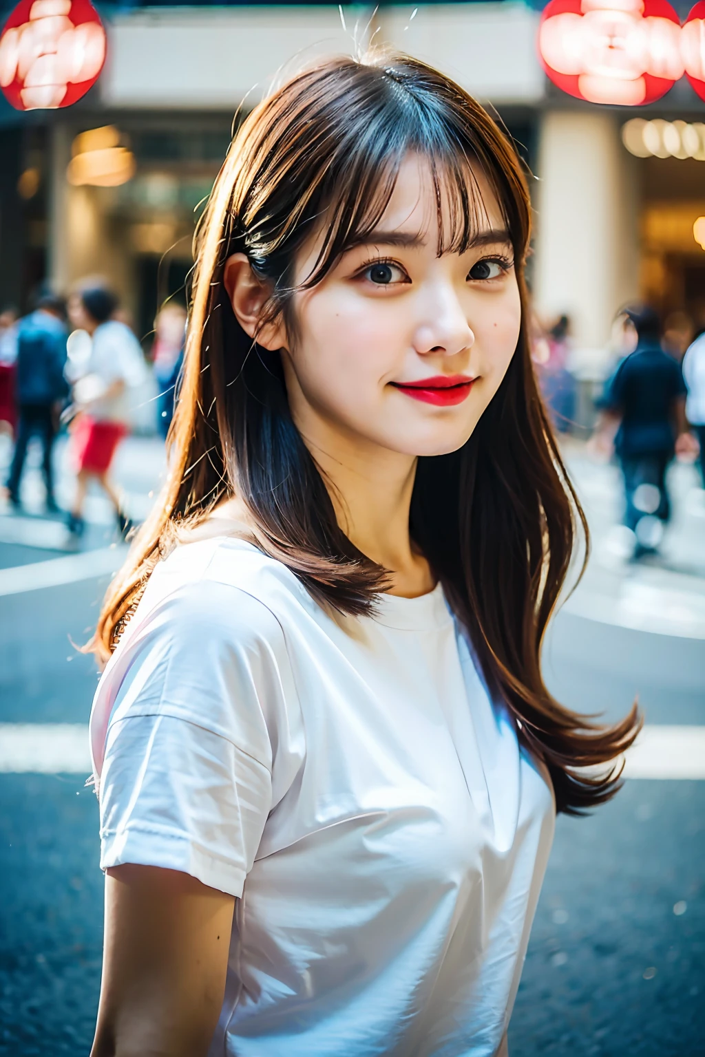 best quality ,masterpiece,ultra high res,(photo realistic:1.4), 1 girl, looking at viewer, Wearing T-shirt, korean famous actress, very beautiful,kawaii, Cinematic, 35mm lens, f/ 1. 8, accent lighting, 8k, in Shibuya