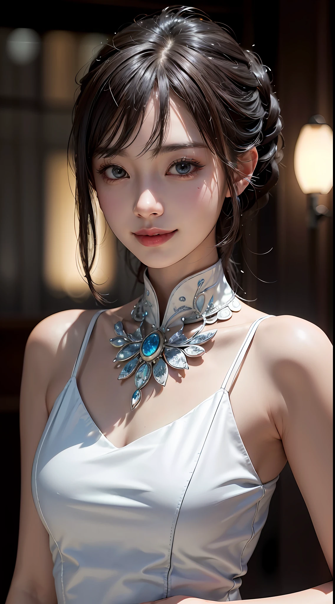 Masterpiece, 1 Beautiful Girl, Detailed, Swollen Eyes, Top Quality, Ultra High Resolution, (Reality: 1.4), Original Photo, 1Girl, Cinematic Lighting, Smiling, Japanese, Asian Beauty, Korean, Clean, Super Beautiful, Little Young Face, Beautiful Skin, Slender, Cyberpunk Background, (ultra realistic), (high resolution), (8K), (very detailed), (best illustration), (beautifully detailed eyes), (super detailed), (wallpaper), (detailed face), viewer looking, fine detail, detailed face, pureerosfaceace_v1, smiling, 46 point slanted bangs, looking straight ahead, neat clothes, dark colored eyes, clothes sleeveless, body facing front,
