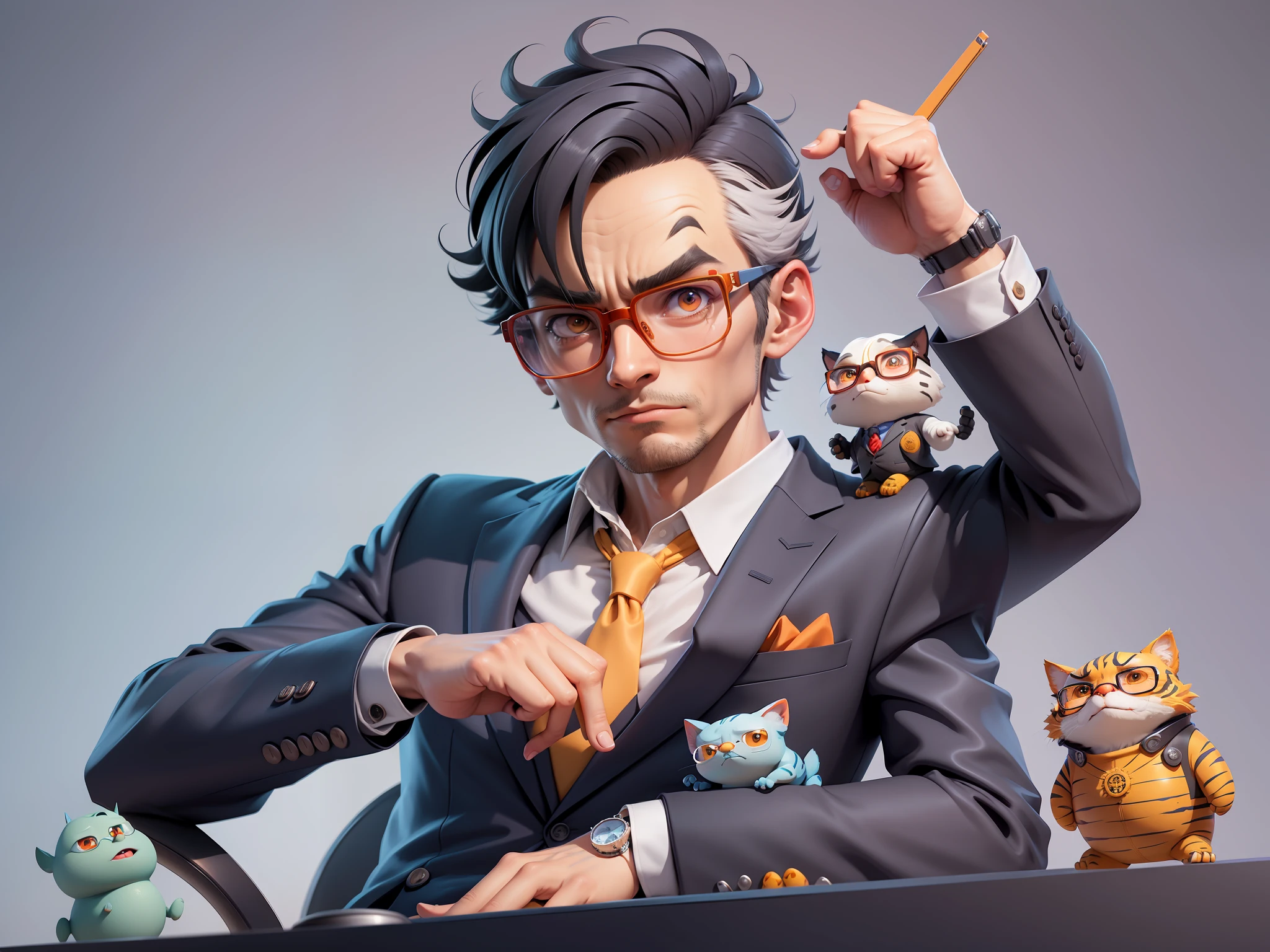 A young man in a suit, Short hair and glasses sat at his desk,holding laptop,digitial painting,tigre,3D character design by Mark Clairen and Pixar and Hayao Miyazaki and Akira Toriyama,4K HD illustration,Very detailed facial features and cartoon-style visuals。