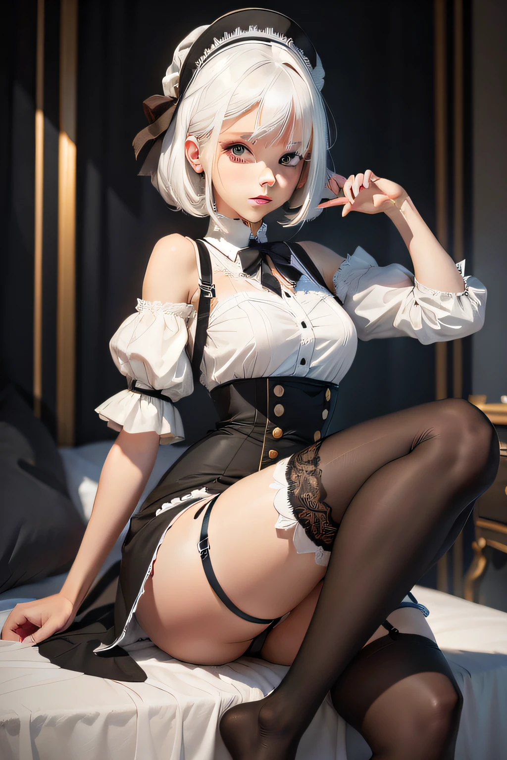 White hair, girly, black stockings, all over