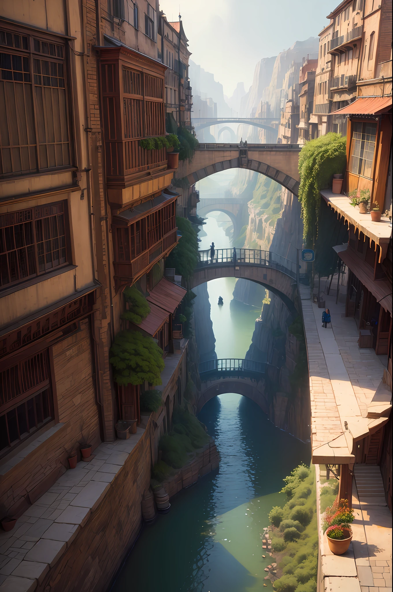 ((masterpiece)),((best quality)),((high detial)),((realistic,)) Industrial age city, deep canyons in the middle, architectural streets, bazaars, Bridges, rainy days, steampunk, European architecture