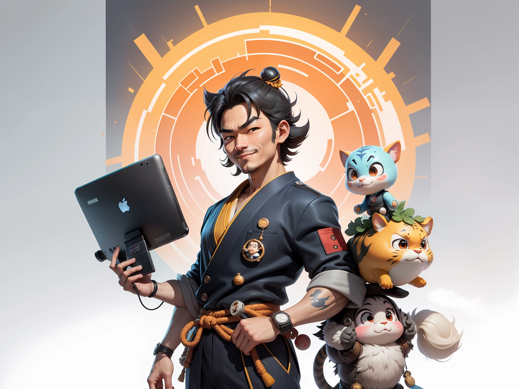 (Daisaku),(Need),(Super meticulous),(full bodyesbian:1.2),Super young man with Japanese geisha,Beautiful,orient,one tiger,Aeolian Thor,Raised sexy,爆乳,Oriental face,TV Anchor,Bust portrait illustration,In black suit,a blue tie,The face is slightly chubby,The face was clean,without a beard,Black super short hair,Black eyes,Smile confidently,3C computer sub-products,iPad, iphone,Digital painting,3D character design by Mark Clairen and Pixar and Hayao Miyazaki and Akira Toriyama,The illustration is a high-definition illustration in 4K resolution,With very detailed facial features and cartoon-style visuals。