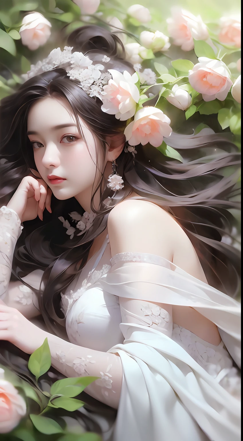 1 girl, full body photo, black hair, flowing hair, hazy beauty, extremely beautiful facial features, white embroidered dress, hairpins on her head, lying in a flower bush, hand dragging chin, perfect hand, white flower, (spring, rainy day, terraces, mountains), simple vector art, contemporary Chinese art, soft light, entangled scarf, overlook