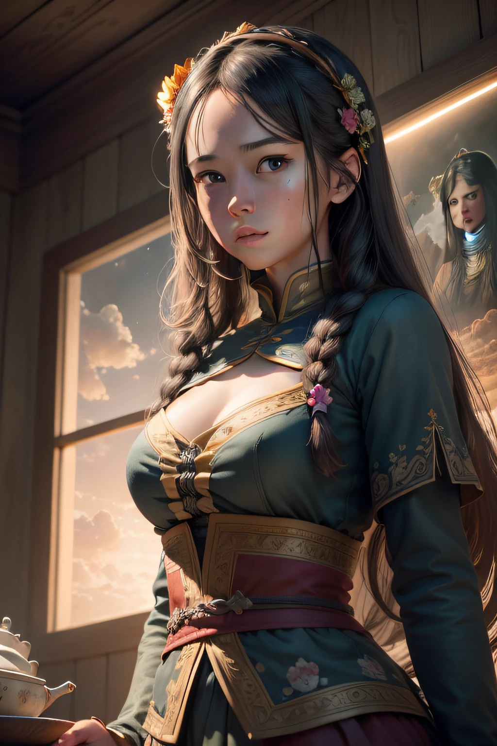 (RAW photo, best quality), (realistic, photo-realistic:1.3),best quality,highly detailed,masterpiece,ultra-detailed,illustration,1girl,upper_body,dynamic angle,world masterpiece theater,messy_long_hair,best quality,extremely detailed CG unity 8k wallpaper,ink,Amazing,cinematic lighting,lens_flare,,dunhuang_style