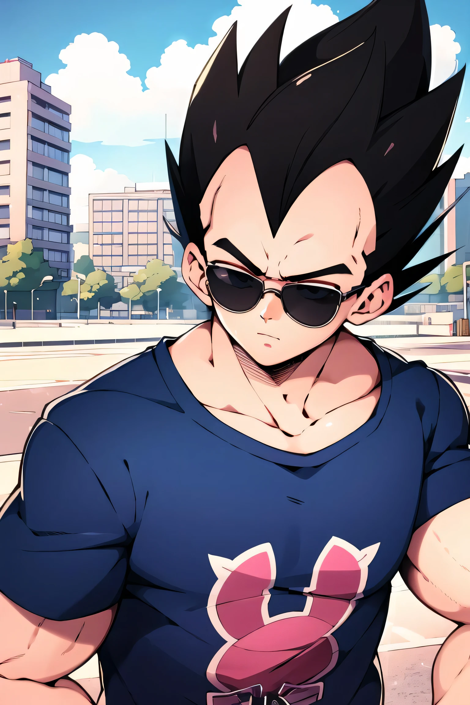 1boy ,solo,    detailed eyes,   masculine face, urban area ,  modern building , sunglasses, vast blue sky, clouds, black  hair, morning, sunny, spiked hair, vegeta, pink short sleeve shirt,  muscular male, detailed background,