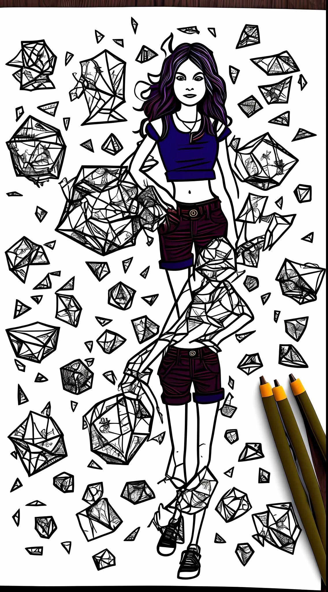 solo person，femele，quadratic element，detailed full-body concept，Outlined！！！，illustration，The demons，Fine depiction，Red and white top，shorter pants