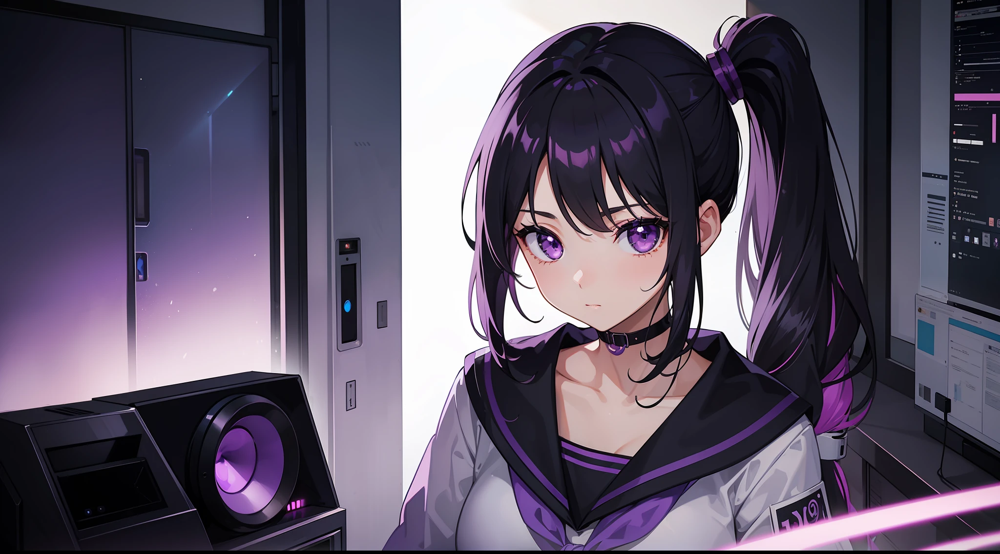 1girl, black hair, side ponytail, purple eyes, sailor suit, cute, kawaii, purple cyberpunk interior, room with two large speakers, purple lighting