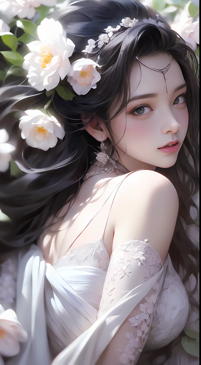 1 girl, full body photo, black hair, flowing hair, hazy beauty, extremely beautiful facial features, white embroidered dress, hairpins on her head, lying in a flower bush, hand dragging chin, perfect hand, white flower, (spring, rainy day, terraces, mountains), simple vector art, contemporary Chinese art, soft light, entangled scarf, overlook