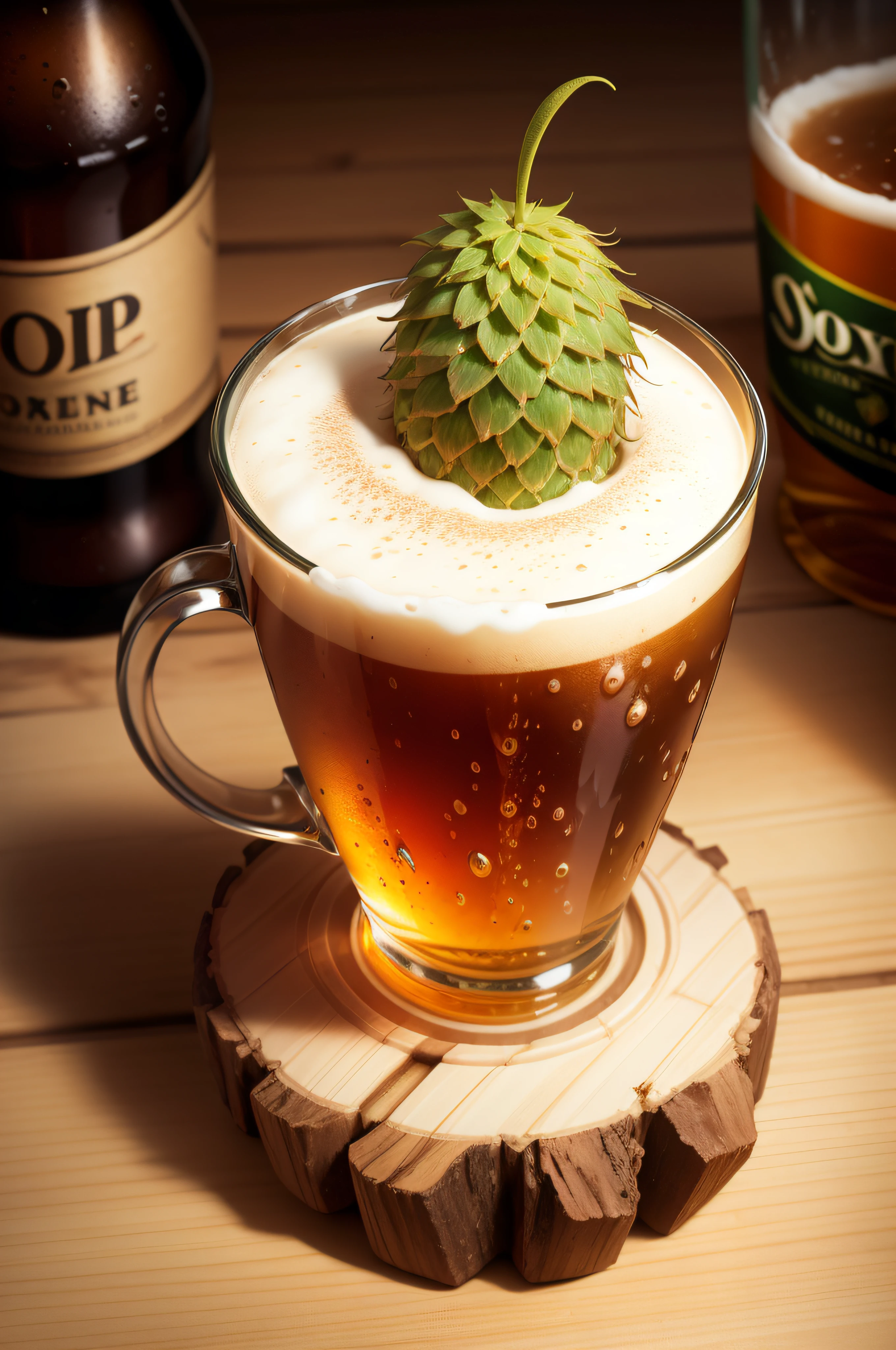 a cup made from a hop cone filled with beer, splash