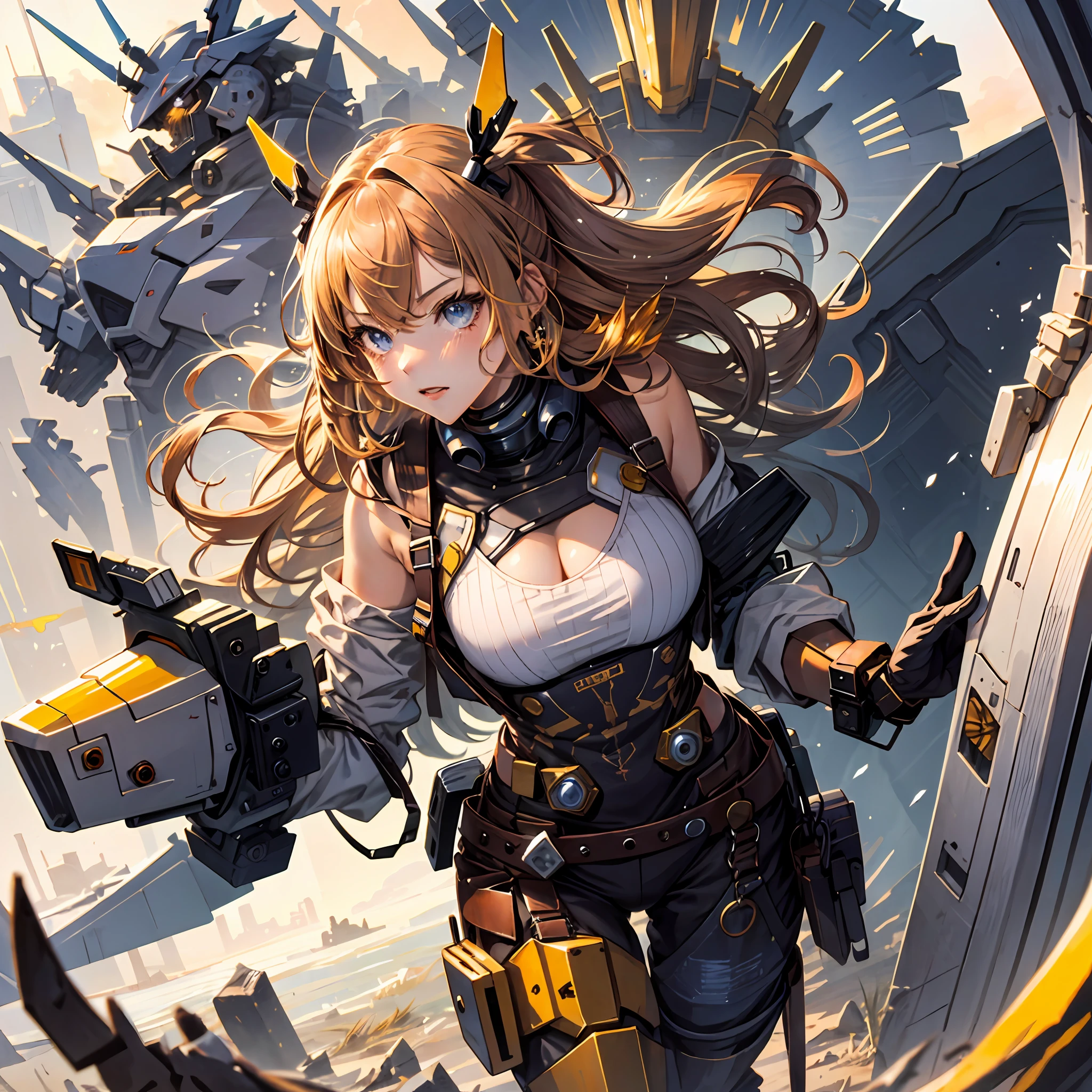 mecha-girl,with brown skin,Long hair,Delicate facial features,Bigchest