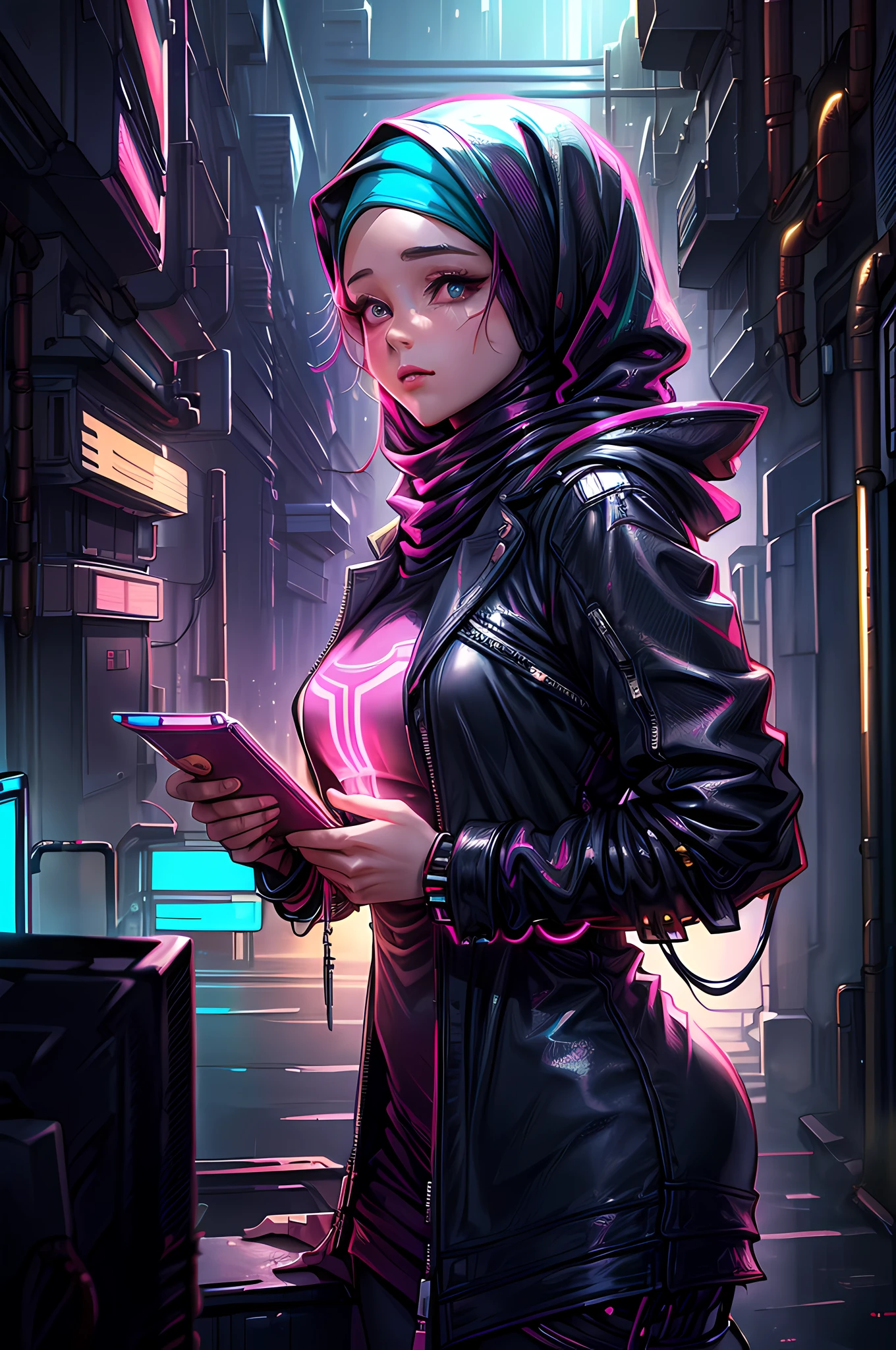 (Blue and Magenta), (Neon Cyberpunk Hijab: 1.5), [Style: Neon Cyberpunk: 1.3], (RAW Photos: 1.2), (Perfect Eyes: 1.5)),  (Photorealistic: 1.4), (Masterpieces: 1.3), (Best Quality: 1.4), Dreamy, (Detailed Eyes), (Detailed Facial Features), ( (8k:1.27), best quality, masterpiece, Hijab hair, ultra highres:1.2) Photo of Pretty woman (beautiful:1.1) (sci-fi woman:1.1), (Hijab cloak: 1.61) (Hijab leather Coat:1.21) intricate elegant, fantasy, detailed, ometric by greg rutkowski and alphonse mucha, gradient lighting