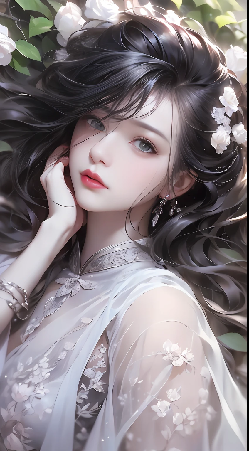 1 girl, full body photo, black hair, flowing hair, hazy beauty, extremely beautiful facial features, white embroidered dress, hairpins on her head, lying in a flower bush, hand dragging chin, perfect hand, white flower, (spring, rainy day, terraces, mountains), simple vector art, contemporary Chinese art, soft light, entangled scarf, overlook