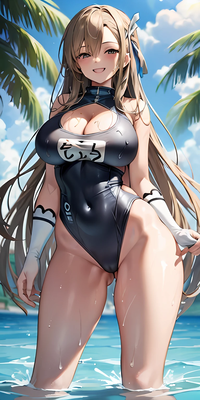 1girl, solo, asuna, long hair, large breasts, cleavage, thighs, (one piece swimsuit), swimming pool, (soaking wet:1.1), smiling, detailed hands, see through, perky nipples, cameltoe