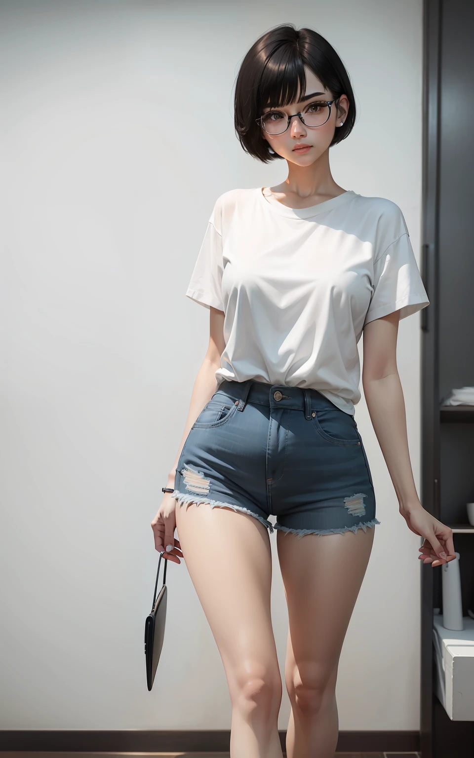 black sock,eye glass,with short black hair,slanted bangs,eye glass,Beautuful Women,white shirt,denim short