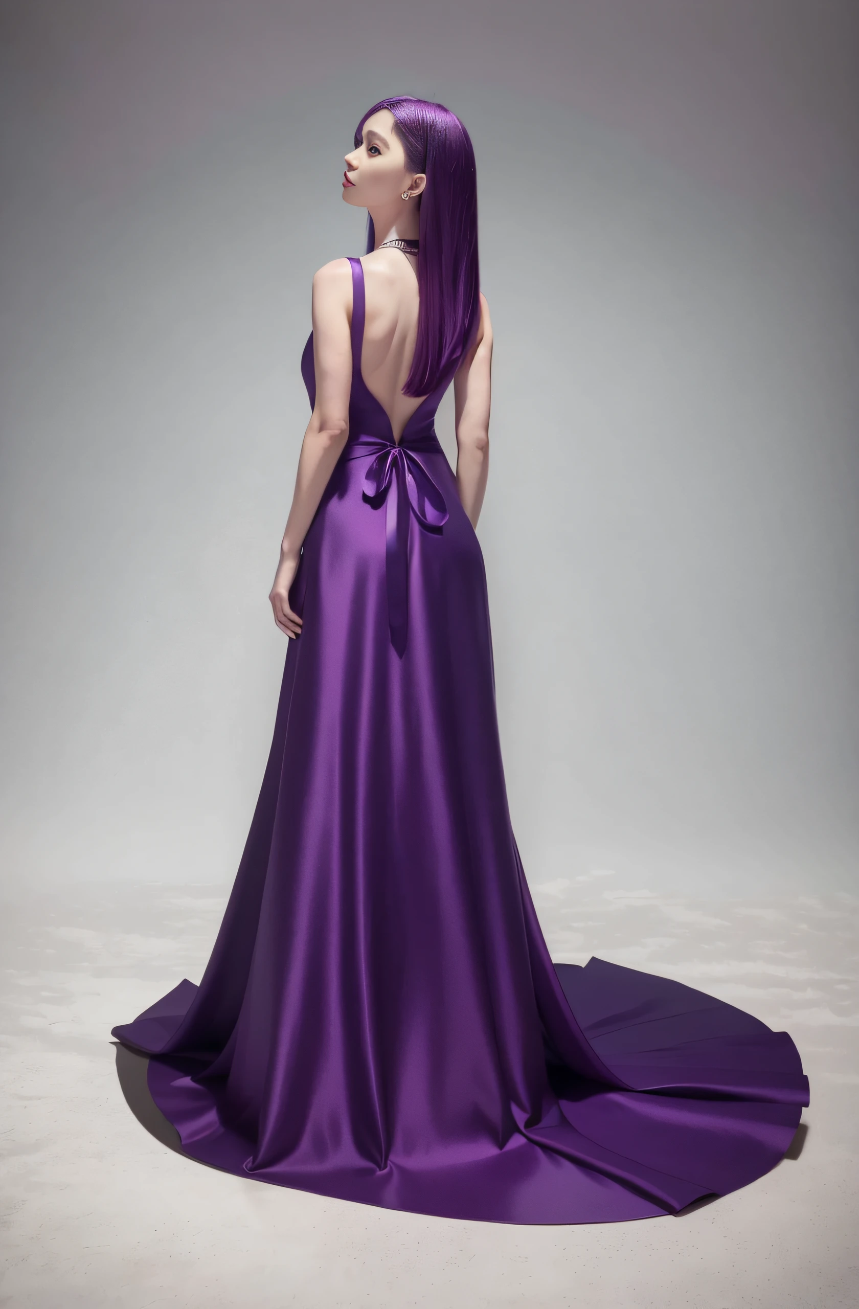 Woman in white dress,white skinned,Beautiful neckline,Purple colored hair,Smooth neck line,with fair skin,Beautiful and generous